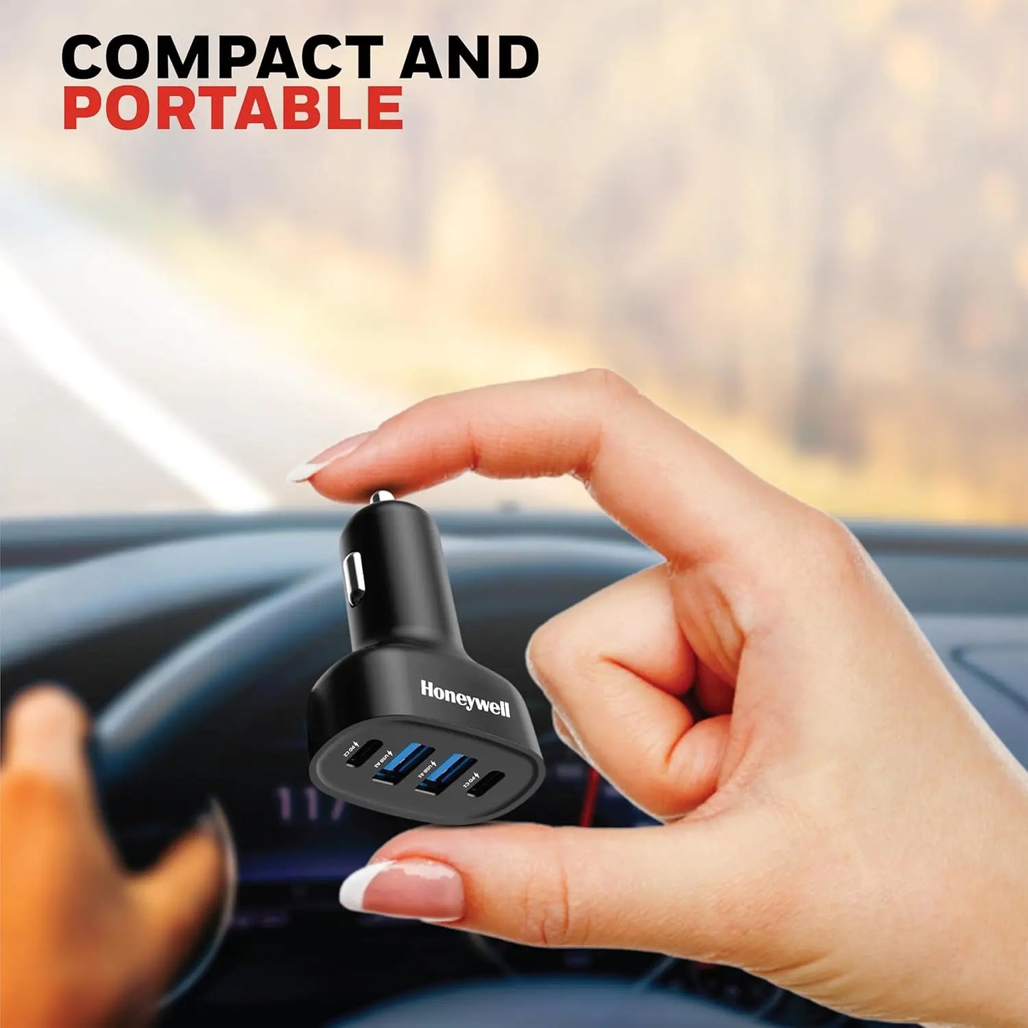 Honeywell Micro CLA 100W PD Smart Car Charger, Adapter for iPhone and Android, 2xType C & 2xUSB A Port, Ultra-Fast Charging, Compatible with All Smartphones & Tablets.