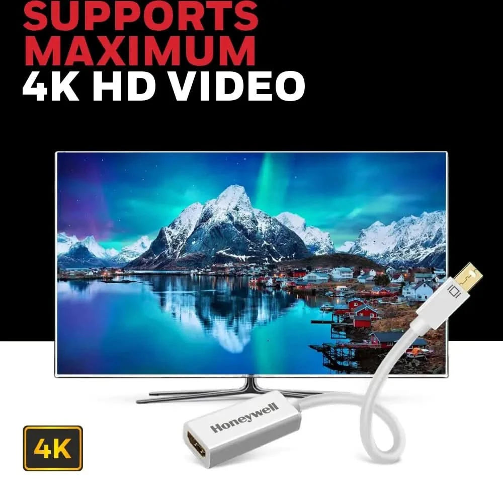 Honeywell Mini Display Port to HDMI Adapter, 4K x 2K@30Hz Resolution, Transmission Speed of 3.0 Gbps, Male-Female Adapter, Compatible with LED Displays, Laptops, Gaming Consoles, Projector- White