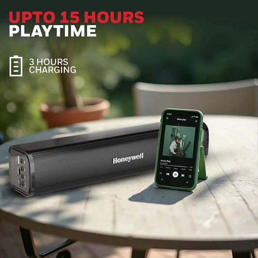 Honeywell Moxie V1000 10W 2.0 Channel V5.0 Wireless Bluetooth Soundbar, 5.0 Stereo Sound, 52mm*2 Drivers, 15Hrs Playtime, TWS, 1200mAh Battery, Multiple Connectivity via SD Card, Audio Jack & USB