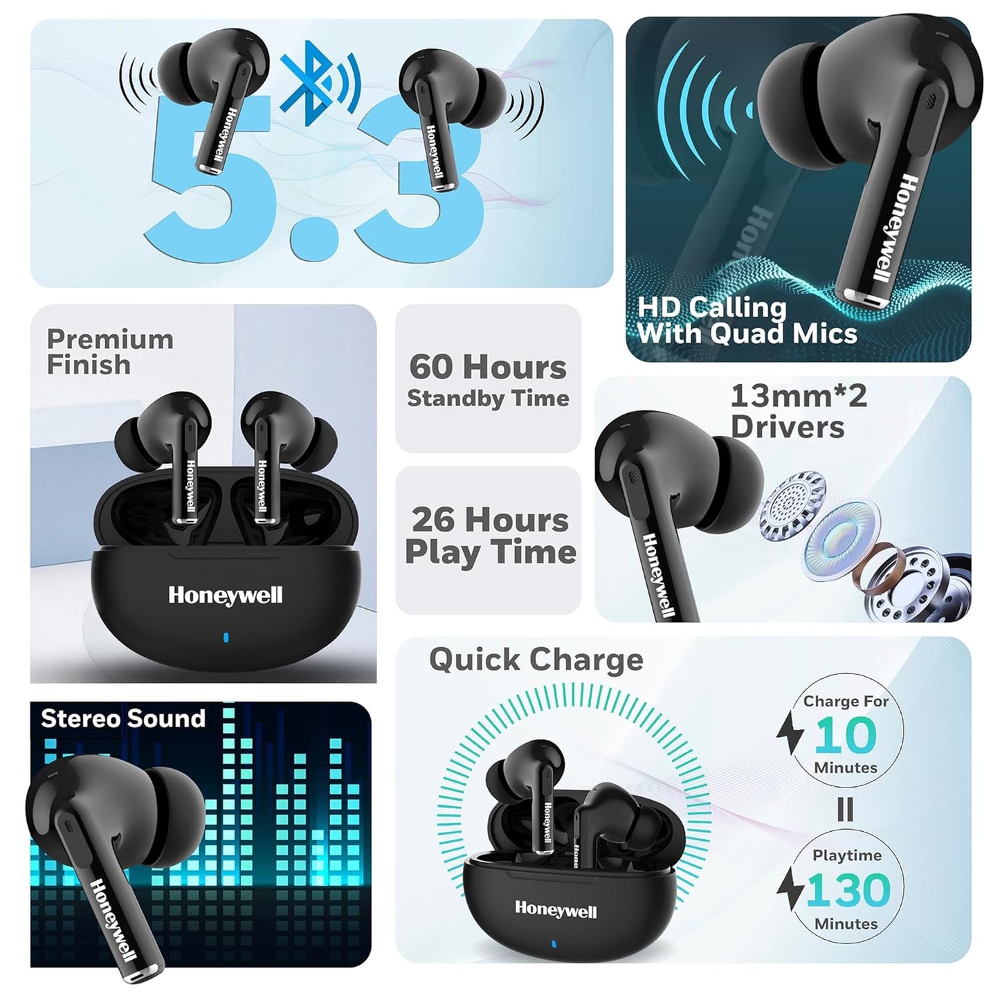 Honeywell Moxie V1200 Bluetooth TWS Earbuds with 26H of Playtime, Type C Fast Charging, IPx4 Water Resistant, Bluetooth V5.3, 13mm*2 Drivers, Voice Assistant, 2 Years Manufacturer Warranty - Black