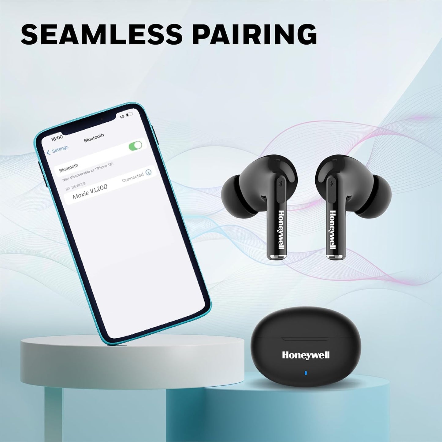 Honeywell Moxie V1200 Bluetooth TWS Earbuds with 26H of Playtime, Type C Fast Charging, IPx4 Water Resistant, Bluetooth V5.3, 13mm*2 Drivers, Voice Assistant, 2 Years Manufacturer Warranty - Black