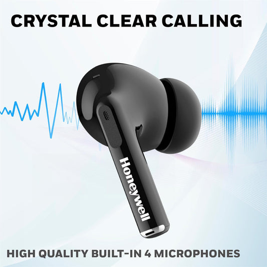 Honeywell Moxie V1200 Bluetooth TWS Earbuds with 26H of Playtime, Type C Fast Charging, IPx4 Water Resistant, Bluetooth V5.3, 13mm*2 Drivers, Voice Assistant, 2 Years Manufacturer Warranty - Black