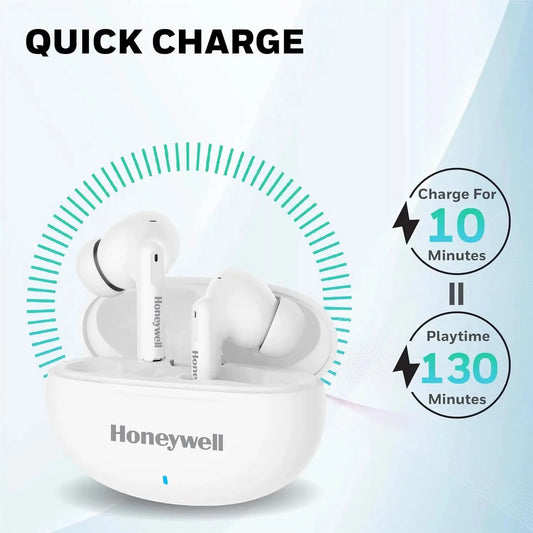 Honeywell Moxie V1200 Bluetooth TWS Earbuds with 26H of Playtime, Type C Fast Charging, IPx4 Water Resistant, Bluetooth V5.3, 13mm*2 Drivers, Voice Assistant, 2 Years Manufacturer Warranty - White