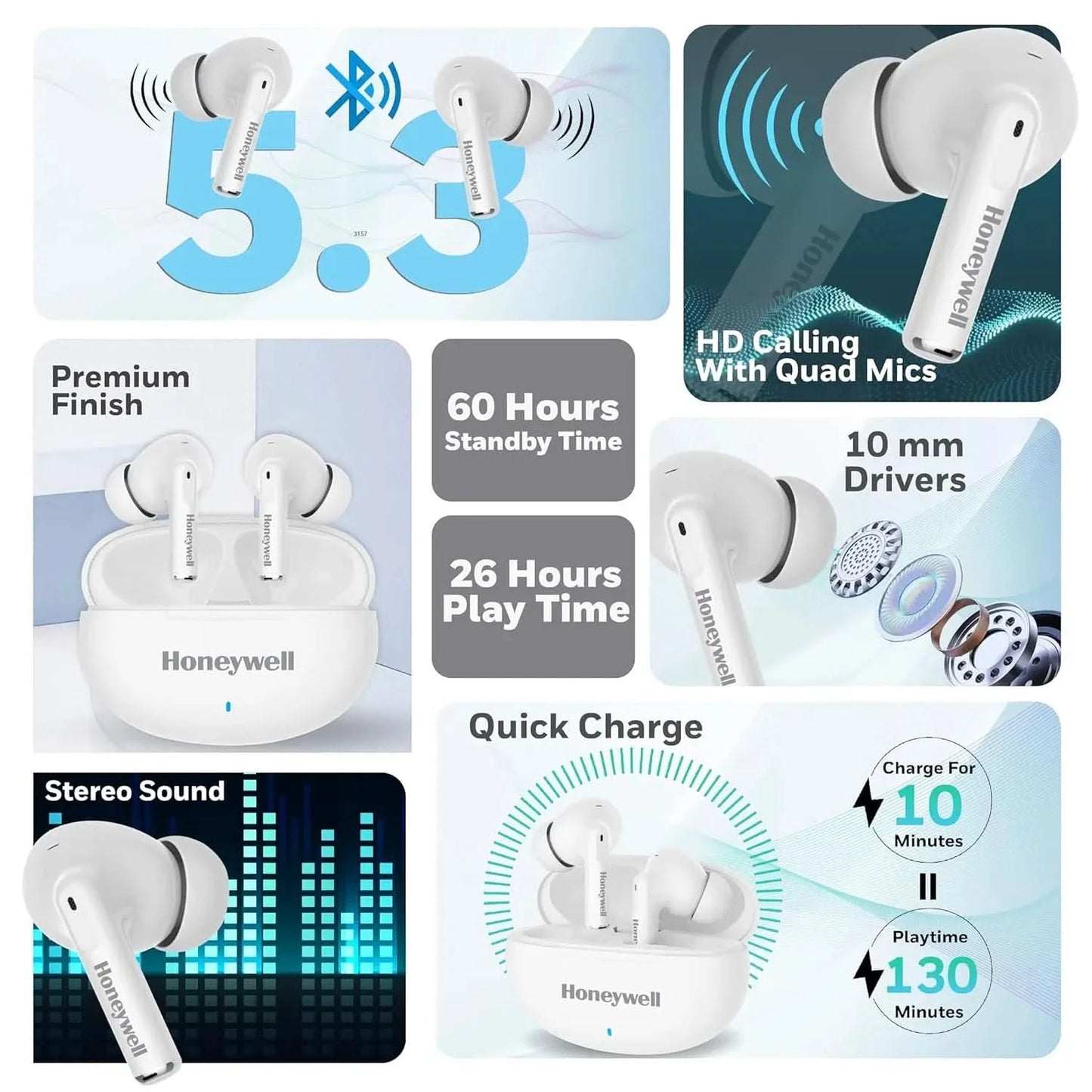 Honeywell Moxie V1200 Bluetooth TWS Earbuds with 26H of Playtime, Type C Fast Charging, IPx4 Water Resistant, Bluetooth V5.3, 13mm*2 Drivers, Voice Assistant, 2 Years Manufacturer Warranty - White