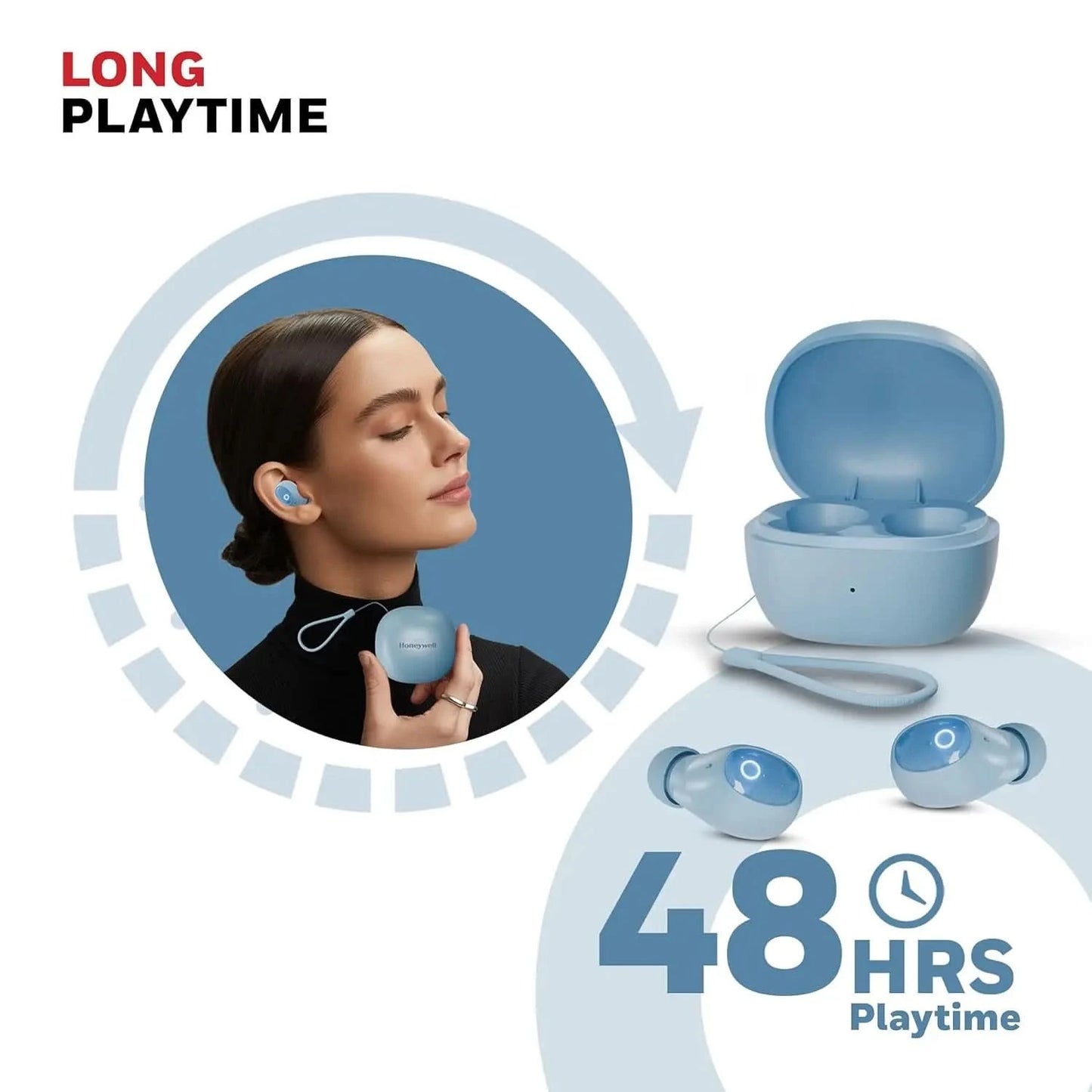 Honeywell Moxie V1500 Bluetooth TWS Earbuds with 48H Playtime, Type C Fast Charging, IPX4 Water Resistant, Bluetooth V5.4, 8mm*2 Drivers, Touch Controls, Voice Assistant, Noise Cancelling Blue