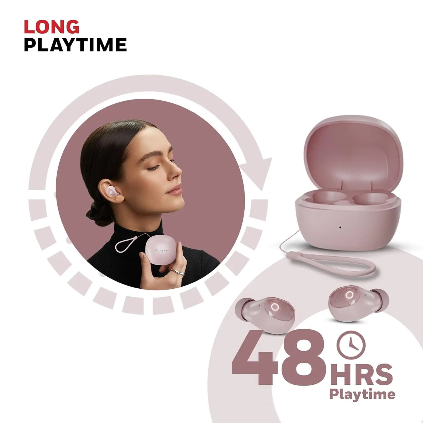 Honeywell Moxie V1500 Bluetooth TWS Earbuds with 48H Playtime, Type C Fast Charging, IPX4 Water Resistant, Bluetooth V5.4, 8mm*2 Drivers, Touch Controls, Voice Assistant, Noise Cancelling Pink