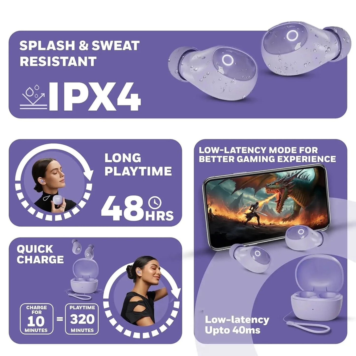 Honeywell Moxie V1500 Bluetooth TWS Earbuds with 48H Playtime, Type C Fast Charging, IPX4 Water Resistant, Bluetooth V5.4, 8mm*2 Drivers, Touch Controls, Voice Assistant, Noise Cancelling Purple