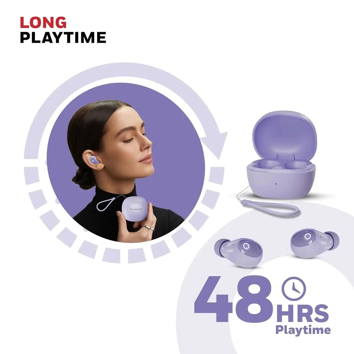 Honeywell Moxie V1500 Bluetooth TWS Earbuds with 48H Playtime, Type C Fast Charging, IPX4 Water Resistant, Bluetooth V5.4, 8mm*2 Drivers, Touch Controls, Voice Assistant, Noise Cancelling Purple