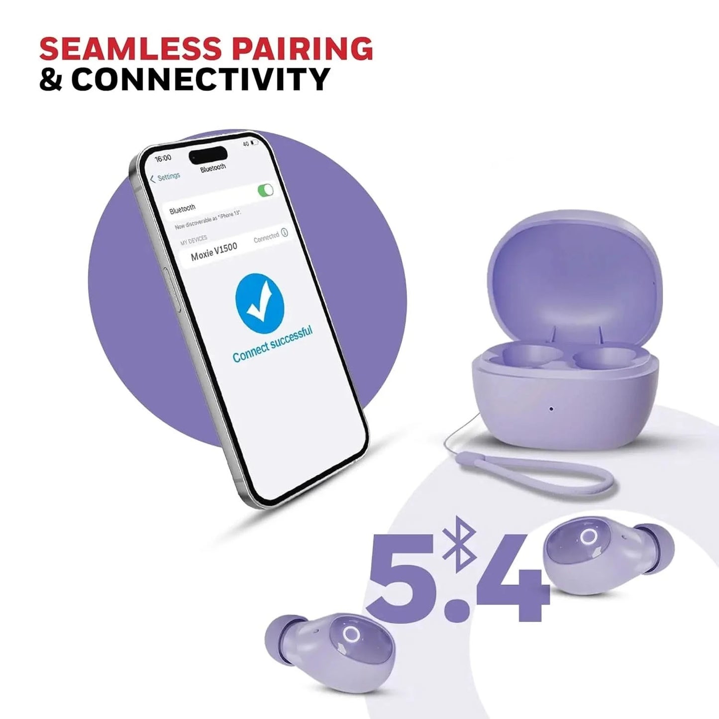 Honeywell Moxie V1500 Bluetooth TWS Earbuds with 48H Playtime, Type C Fast Charging, IPX4 Water Resistant, Bluetooth V5.4, 8mm*2 Drivers, Touch Controls, Voice Assistant, Noise Cancelling Purple