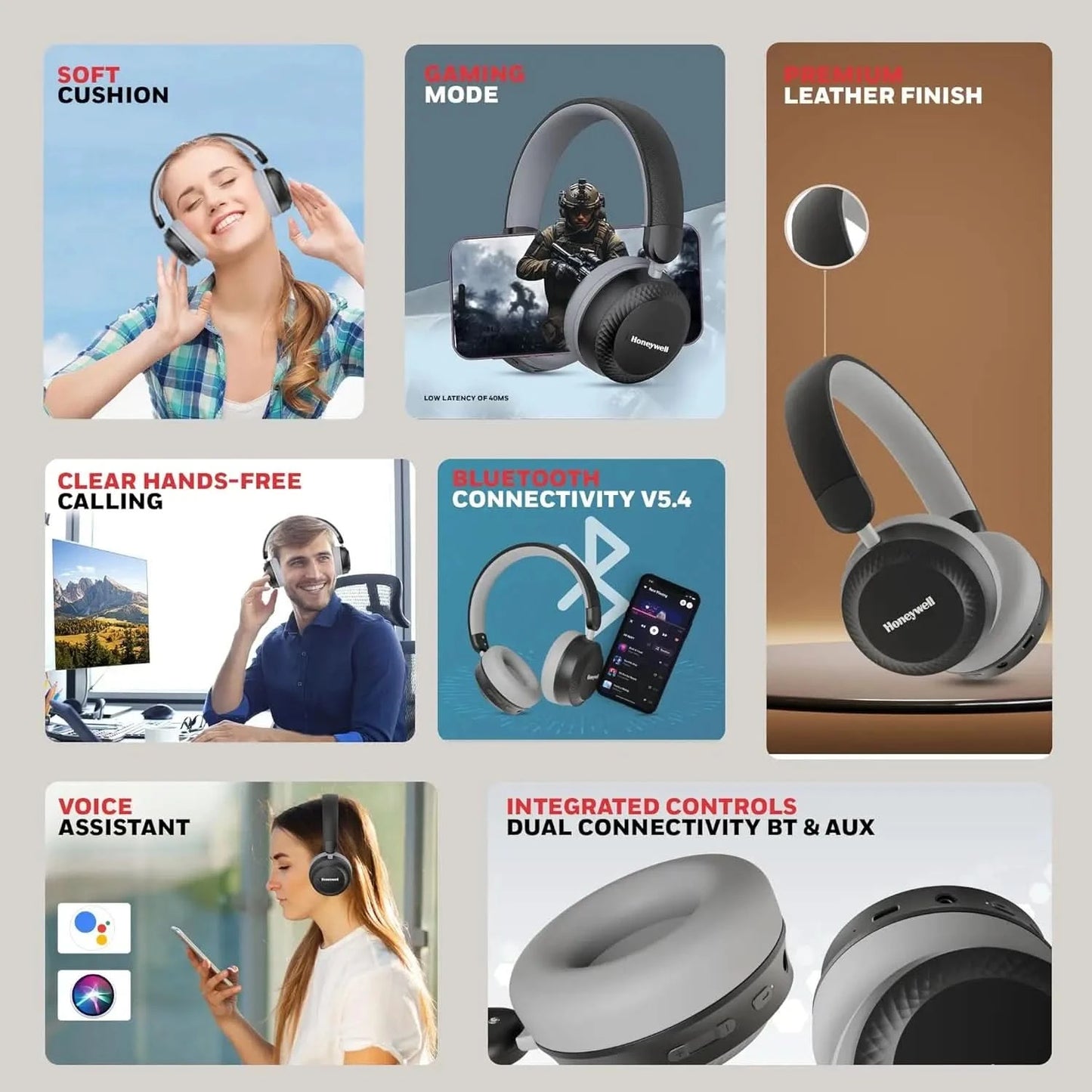Honeywell Moxie V20 Bluetooth 5.4 Wireless On-Ear Headphones with Mic, ENC Noise Reduction, 25H Playback, Deep Bass, IPX4, AUX Support, 40ms Low Latency Gaming Mode, Stereo Sound, Padded Cushions