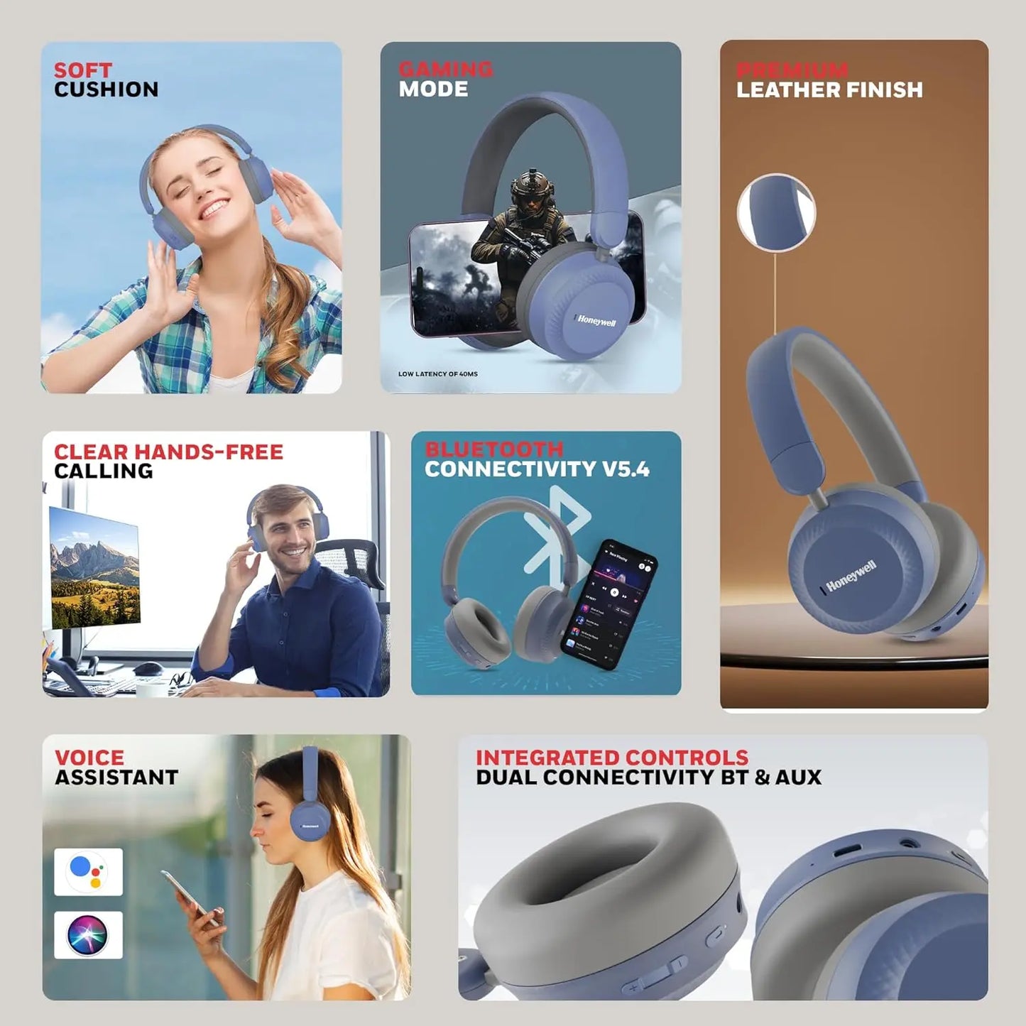 Honeywell Moxie V20 Bluetooth 5.4 Wireless On-Ear Headphones with Mic, ENC Noise Reduction, 25H Playback, Deep Bass, IPX4, AUX Support, 40ms Low Latency Gaming Mode, Stereo Sound, Padded Cushions Blue