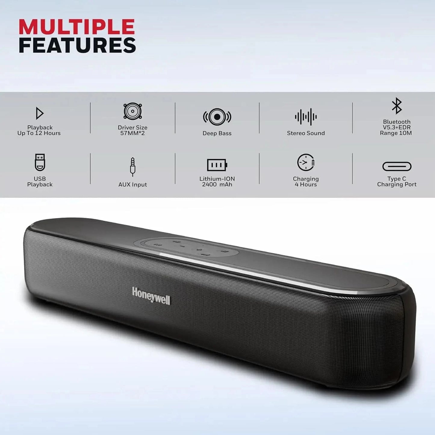 Honeywell Moxie V3000 Soundbar | 30W Wireless Stereo Sound, Deep Bass, Bluetooth v5.3+EDR, 12-Hour Playtime, Dual 57mm Drivers, AUX & USB Input