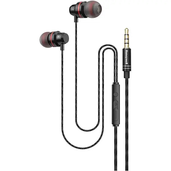 Honeywell Moxie V50 Wired Earphones with Built in Mic, 10mm*2 Drivers, Passive Noise Cancellation, Deep Bass & Clear Sound, Ultra HD Mic Quality, 3.5mm AUX, Voice Assistant Enabled, 1.2 Mtr Black
