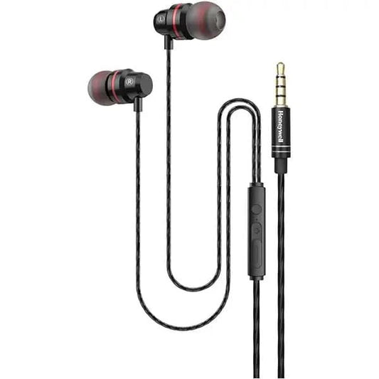 Honeywell Moxie V50 Wired Earphones with Built in Mic, 10mm*2 Drivers, Passive Noise Cancellation, Deep Bass & Clear Sound, Ultra HD Mic Quality, 3.5mm AUX, Voice Assistant Enabled, 1.2 Mtr Black