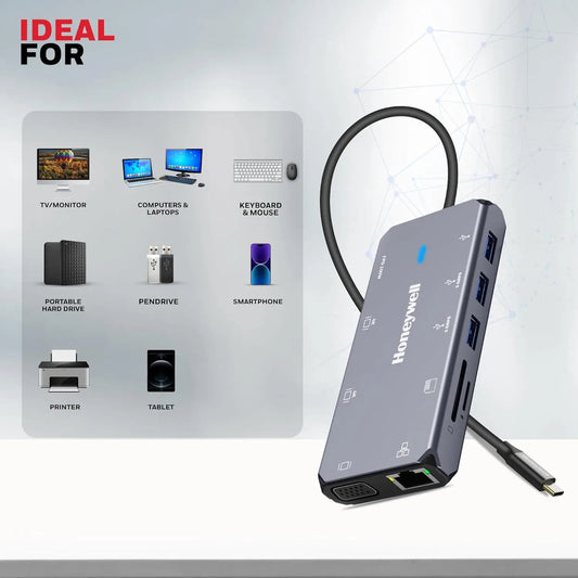 Honeywell New Launch 10-in-1 Type C Dock with Dual 4K HDMI, 1GBPS RJ45 Ethernet Port, 2xUSB 3.0, 1xUSB 2.0 & Type C 3.0 PD100W, VGA Port, SD & MicroSD Slot, for All Type C Devices- Windows/MacBook