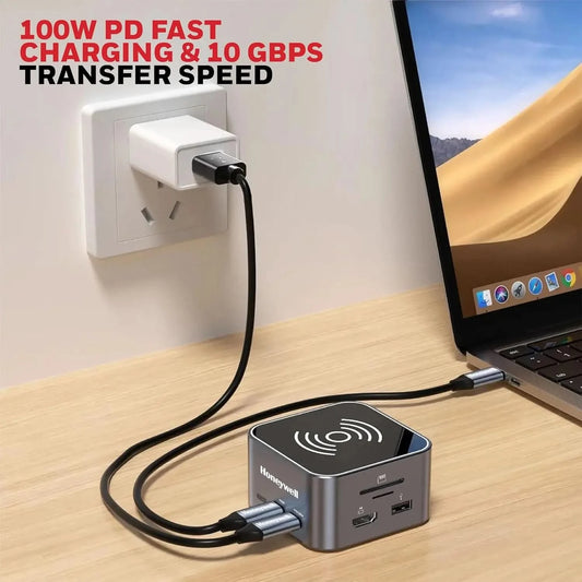 Honeywell New Launch 12-in-1 Type C Dock with 4K HDMI, MagSafe Wireless 15W, 4xUSB Ports PD 100W, Mic, Ethernet & Audio Port, SD & MicroSD Slot, All Type C Devices, Windows/MacBook