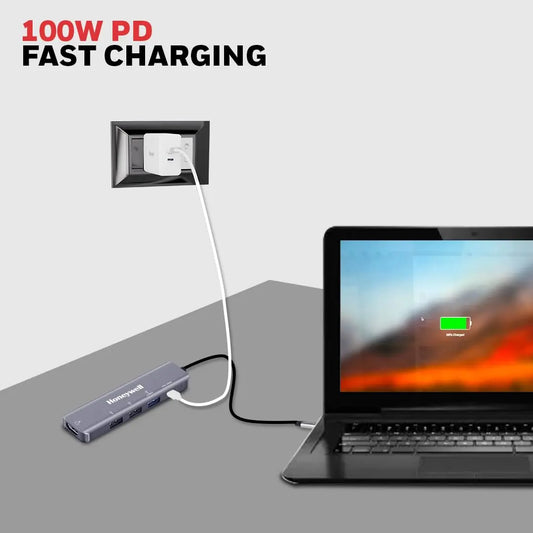 Honeywell New Launch 5-in-1 Type C Docking Station with 4K HDMI Port, USB 3.0 & 2 X USB 2.0 Ports & Type C 3.0 PD 100W, for All Type C Devices- Windows/MacBook, On-The-Go Feature