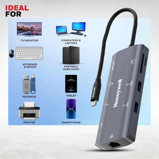 Honeywell New Launch 9-in-1 Type C Dock with 4K HDMI, 1GBPS RJ45 Ethernet Port, 2xUSB 3.0, 1xUSB 2.0 & Type C 3.0 PD100W, SD & Micro SD Slot, Audio Port for All Type C Devices- Windows/MacBook