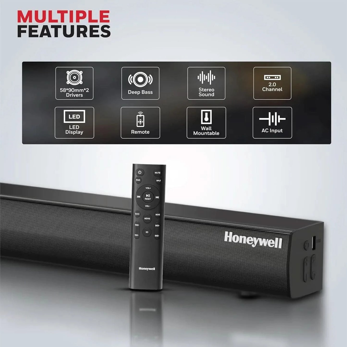 Honeywell New Launch Suono P3000 Soundbar with 80W Stereo Sound, 2.0Ch, Deep Bass, 3 EQ Mode, BT v5.3+EDR,Dual 58 * 90mm Drivers, Input Mode - AUX, USB, HDMI/ARC, Sleek Remote