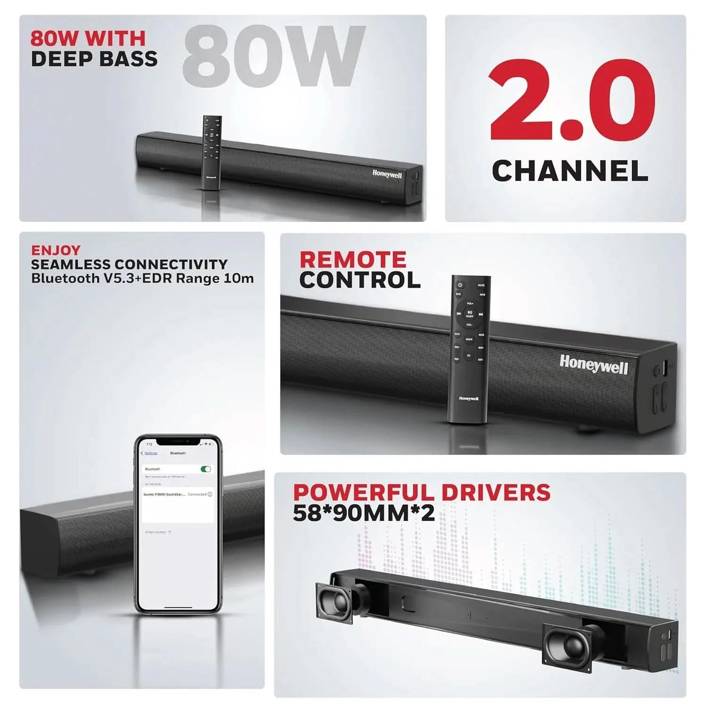 Honeywell New Launch Suono P3000 Soundbar with 80W Stereo Sound, 2.0Ch, Deep Bass, 3 EQ Mode, BT v5.3+EDR,Dual 58 * 90mm Drivers, Input Mode - AUX, USB, HDMI/ARC, Sleek Remote