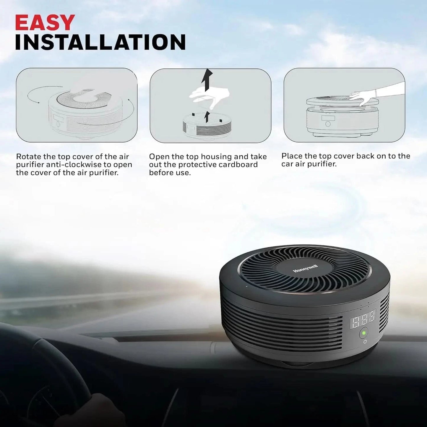 Honeywell New Launched Move Pure 4 Car Air Purifier, 3-in-1 Filtration, HEPA filter, removes 99.99% of PM2.5 & PM10, odour, VOCs, dust, smoke, & harmful bacteria, 2XUSB ports, Compact & Easy Install