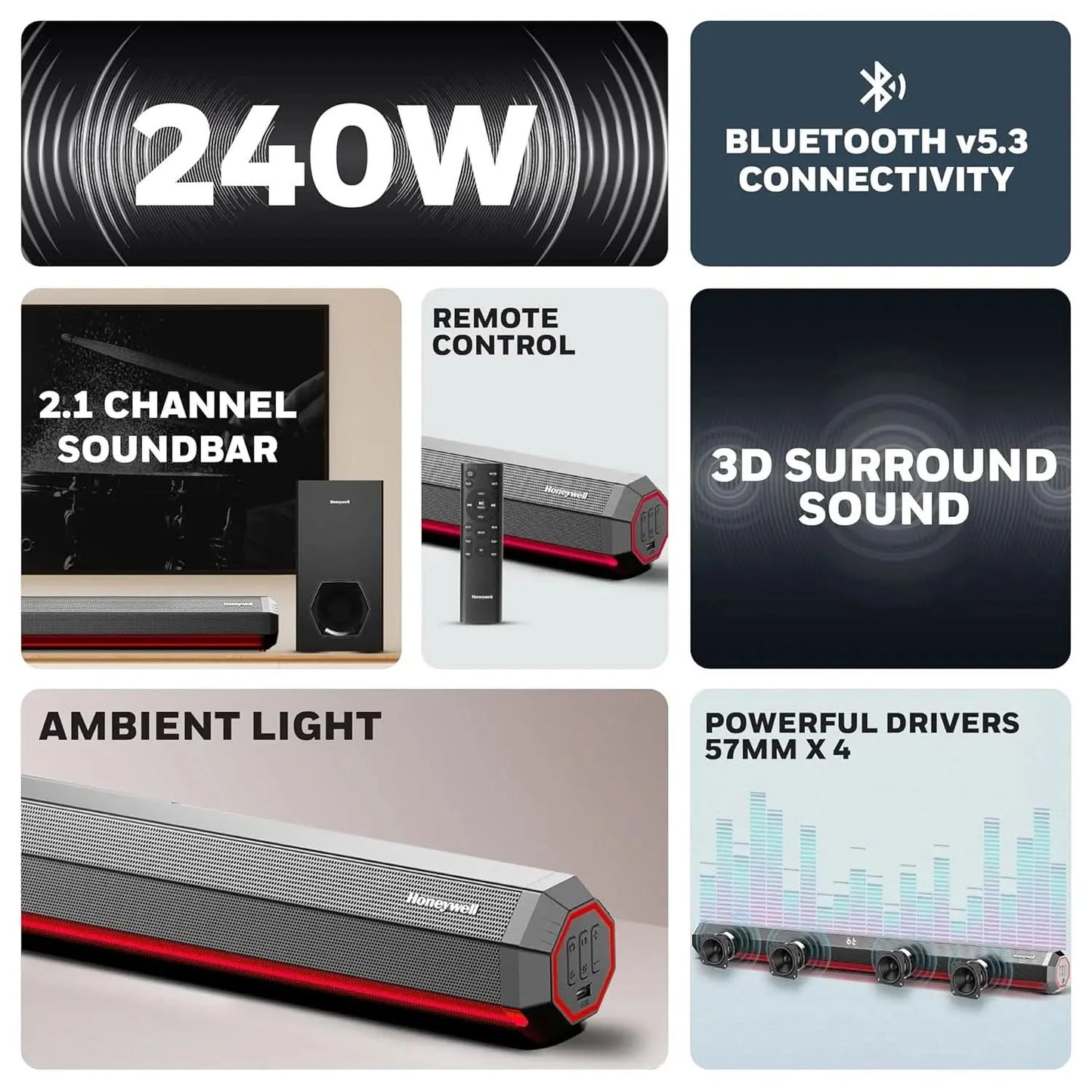 Honeywell Newly Launched Trueno U4000 Soundbar 240W, 2.1Ch Surround Sound Home Theatre, Deep Bass Subwoofer,3 EQ Modes,LED Display & Ambient Light,BT v5.3, AUX,USB,Optical Input,HDMI/ARC,Sleek Remote