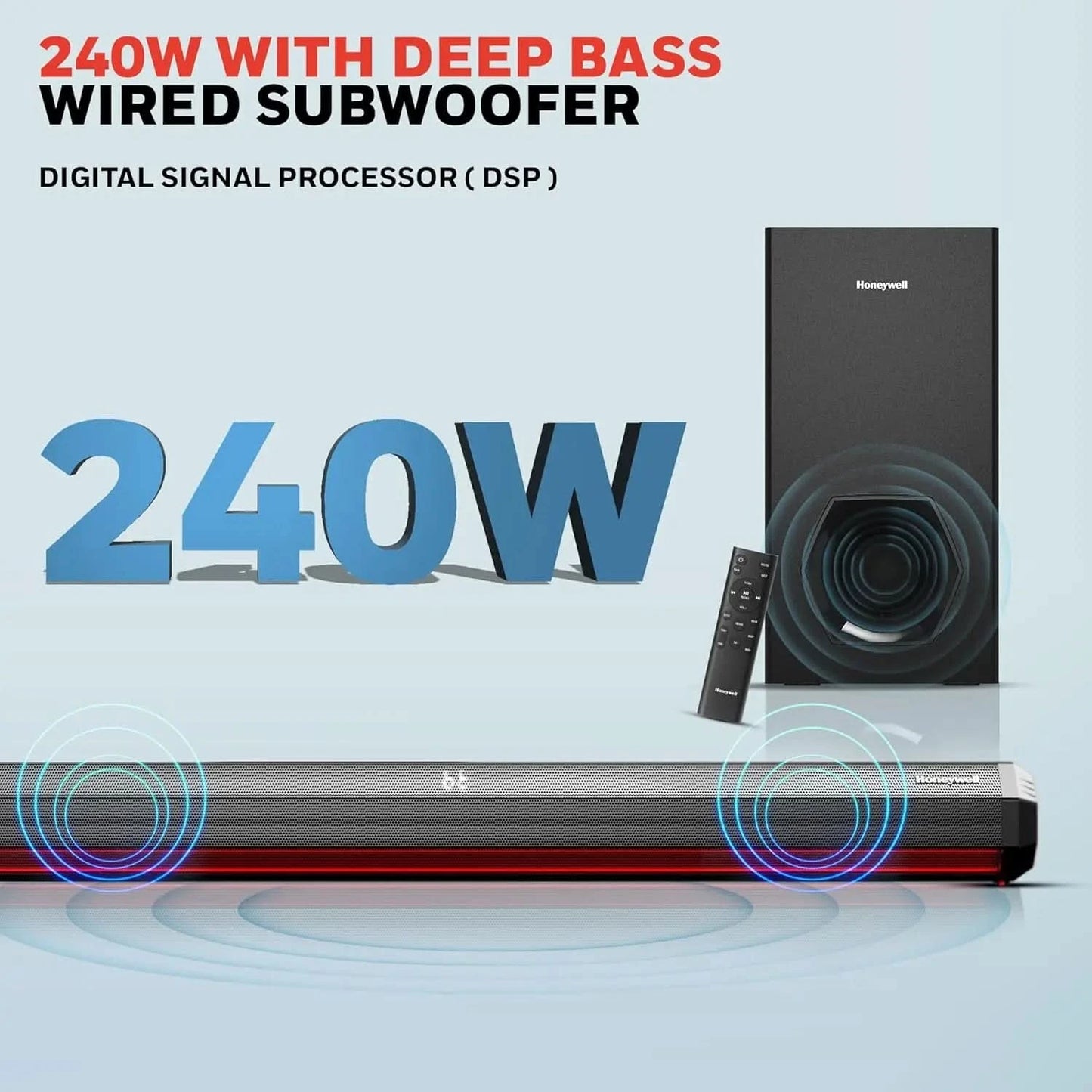 Honeywell Newly Launched Trueno U4000 Soundbar 240W, 2.1Ch Surround Sound Home Theatre, Deep Bass Subwoofer,3 EQ Modes,LED Display & Ambient Light,BT v5.3, AUX,USB,Optical Input,HDMI/ARC,Sleek Remote