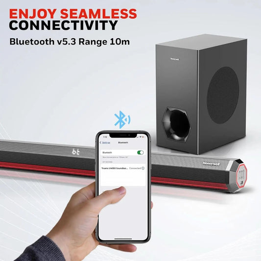 Honeywell Newly Launched Trueno U4000 Soundbar 240W, 2.1Ch Surround Sound Home Theatre, Deep Bass Subwoofer,3 EQ Modes,LED Display & Ambient Light,BT v5.3, AUX,USB,Optical Input,HDMI/ARC,Sleek Remote