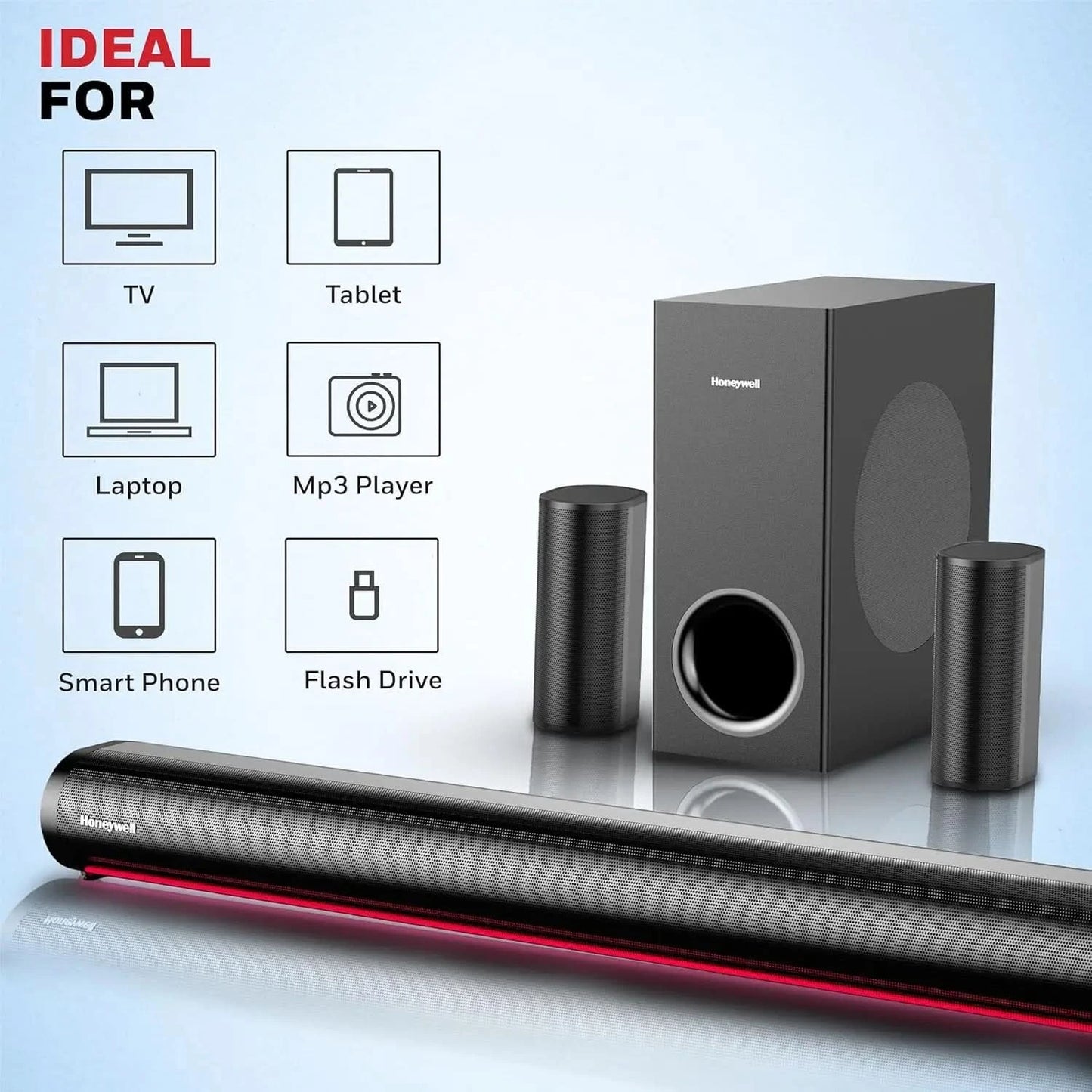 Honeywell Newly Launched Trueno U7000 Dolby Audio Soundbar 500W, 5.1Ch Surround Sound Home Theatre, Deep Bass Subwoofer, 2 Satellite Speakers, 6 EQ Modes, BT v5.3, AUX, USB, Optical Input, & HDMI/ARC