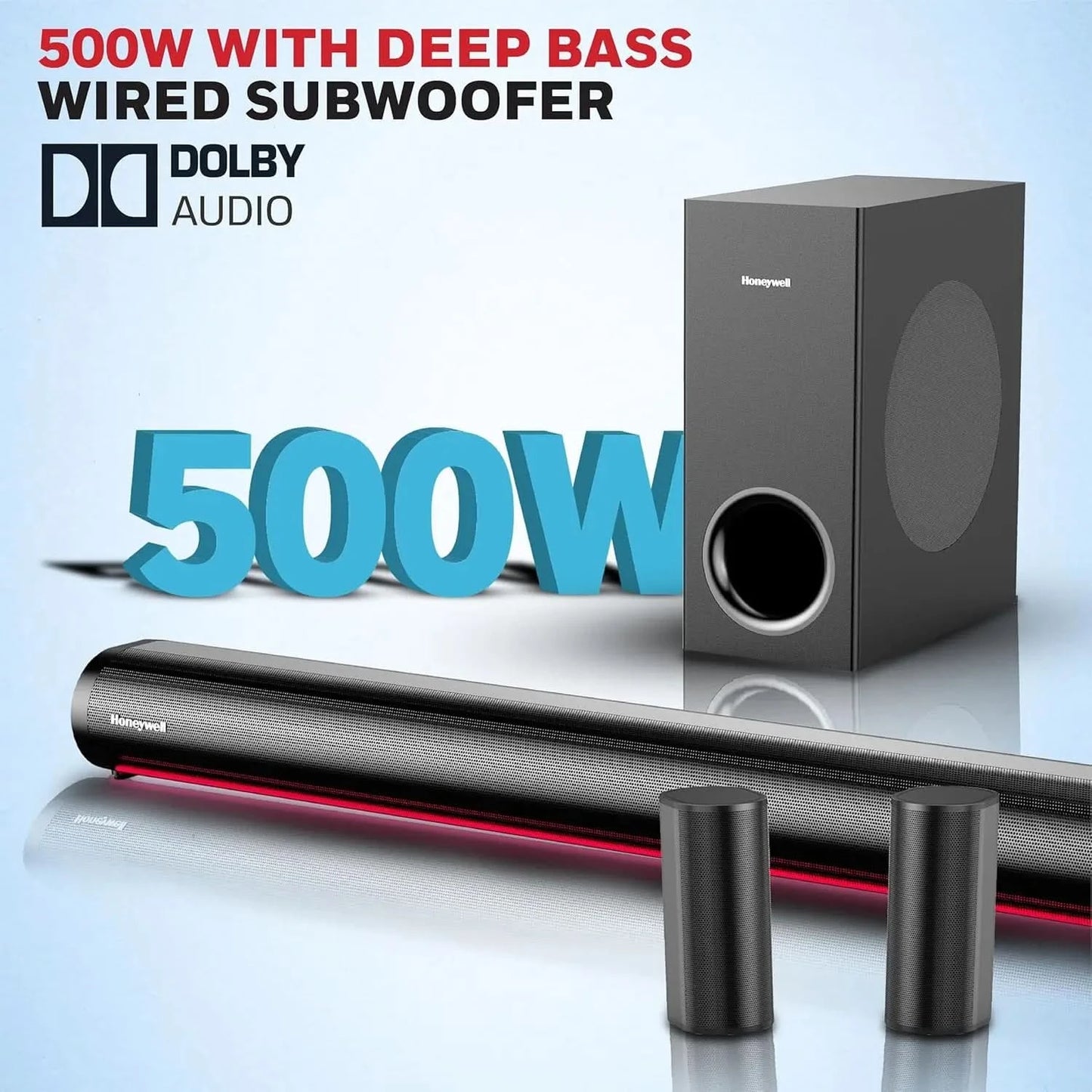 Honeywell Newly Launched Trueno U7000 Dolby Audio Soundbar 500W, 5.1Ch Surround Sound Home Theatre, Deep Bass Subwoofer, 2 Satellite Speakers, 6 EQ Modes, BT v5.3, AUX, USB, Optical Input, & HDMI/ARC
