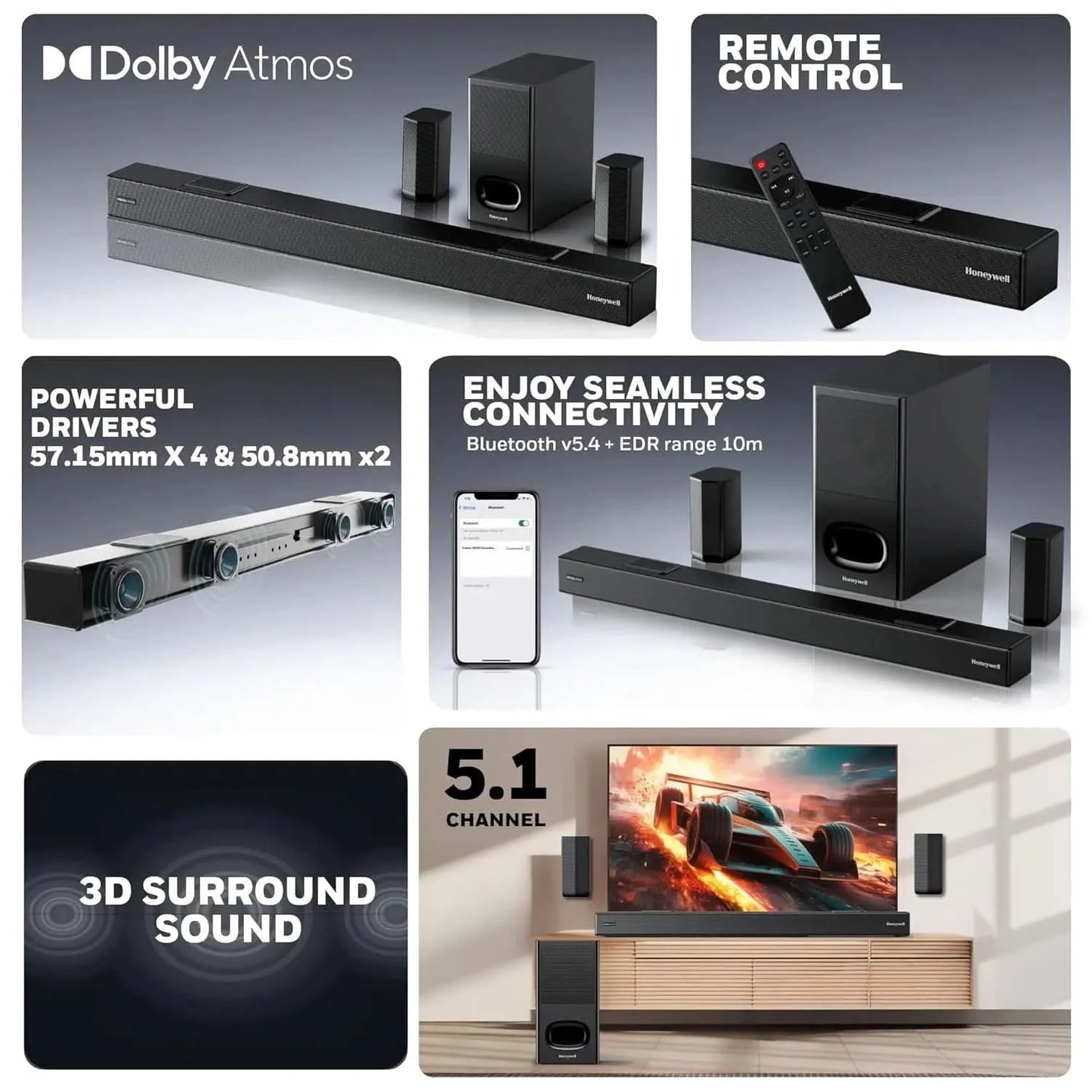 Honeywell Newly Launched Trueno U8000 5.1Ch Soundbar 700W Dolby Atmos, 3D Surround Sound, Deep Bass Subwoofer, Wireless Satellite Speakers, 4 EQ Modes, BT v5.4, AUX, USB, Optical Input & HDMI ARC/Earc