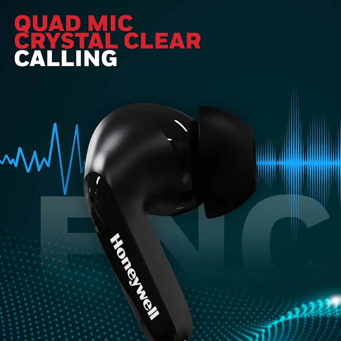 Honeywell Suono P2100 Bluetooth TWS Earbuds with 50H of Playtime, ENC Mode, 4xMics, Type C Fast Charging, Low Latency Mode for Gaming, Bluetooth V5.3, 13mm*2 Drivers, Voice Assistant,2 Years Warranty Black