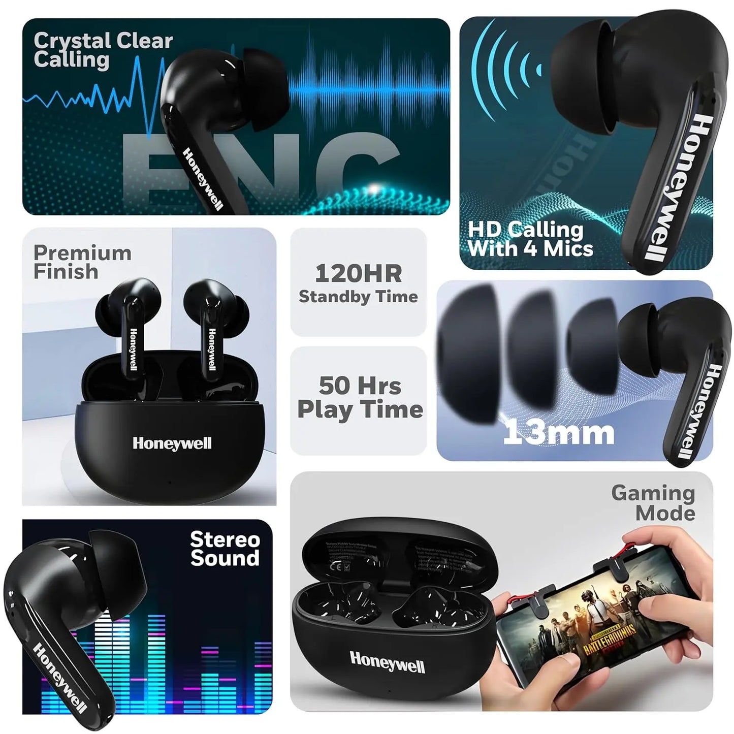 Honeywell Suono P2100 Bluetooth TWS Earbuds with 50H of Playtime, ENC Mode, 4xMics, Type C Fast Charging, Low Latency Mode for Gaming, Bluetooth V5.3, 13mm*2 Drivers, Voice Assistant,2 Years Warranty Black