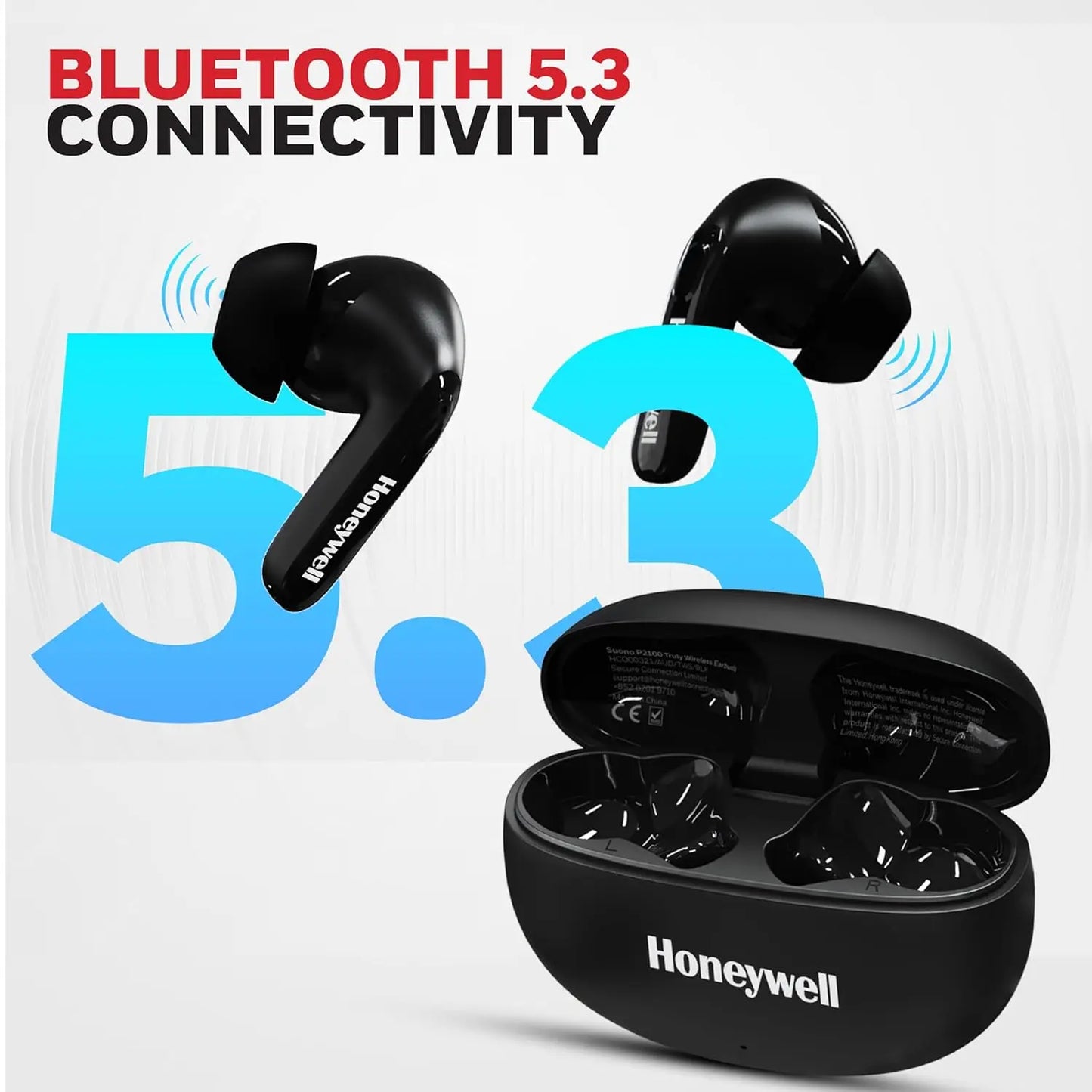 Honeywell Suono P2100 Bluetooth TWS Earbuds with 50H of Playtime, ENC Mode, 4xMics, Type C Fast Charging, Low Latency Mode for Gaming, Bluetooth V5.3, 13mm*2 Drivers, Voice Assistant,2 Years Warranty Black