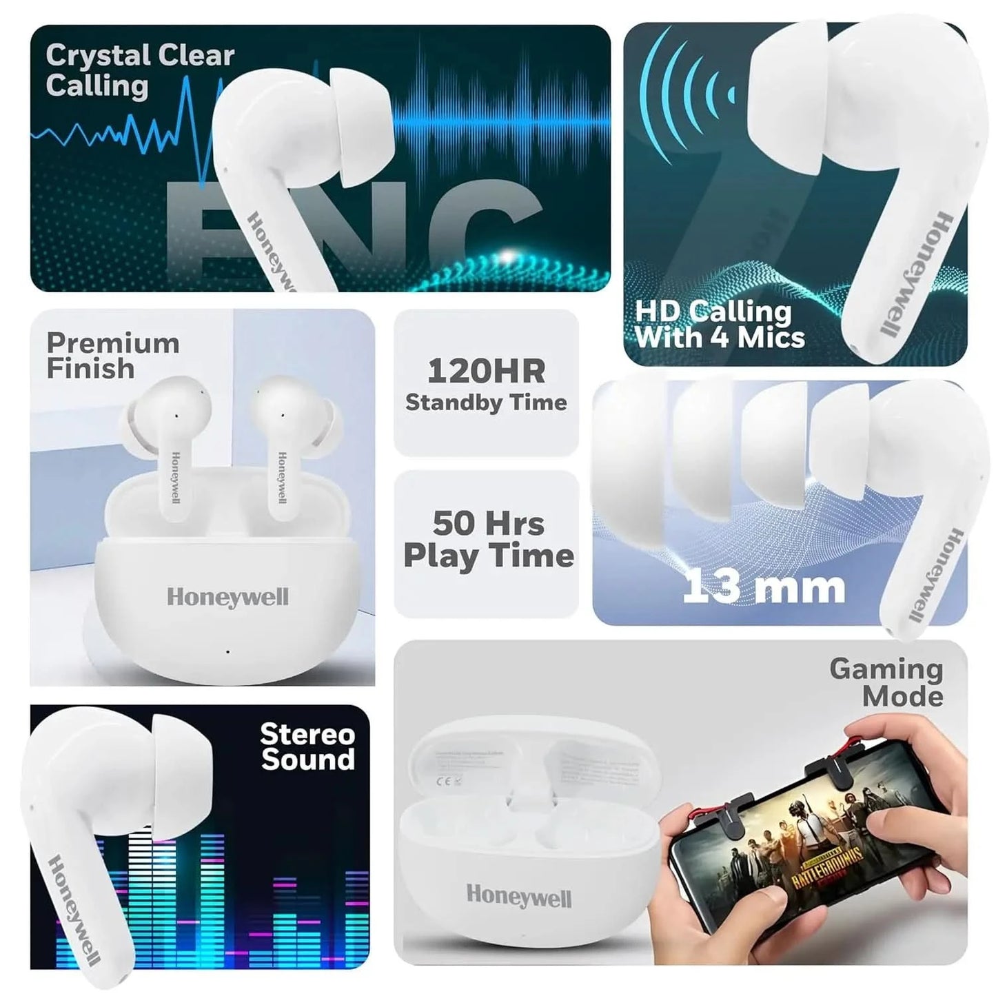 Honeywell Suono P2100 Bluetooth in Ear TWS Earbuds with 50h of Playtime, ENC Mode, 4 Mics, Type C Fast Charging, Low Latency Mode for Gaming, BT v5.3, 13mm Drivers, Voice Assistant,2 Years Warranty
