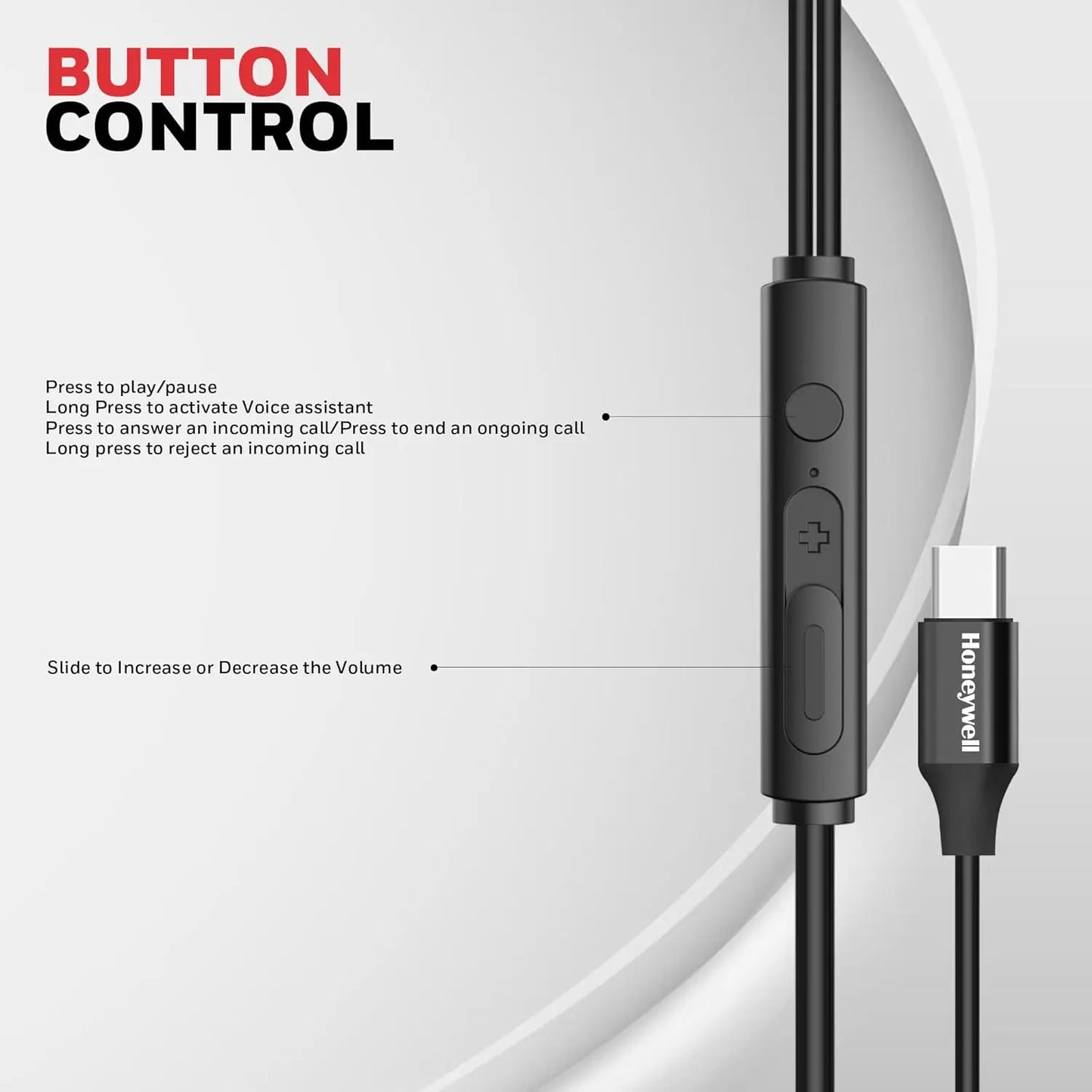Honeywell Suono P60 Wired Earphones with Built in Mic, 10mm*2 Drivers, Passive Noice Cancellation, Deep Bass & Clear Sound, Ultra HD Mic Quality, Type C Compatible, Voice Assistant Enabled, 1.2 Mtr