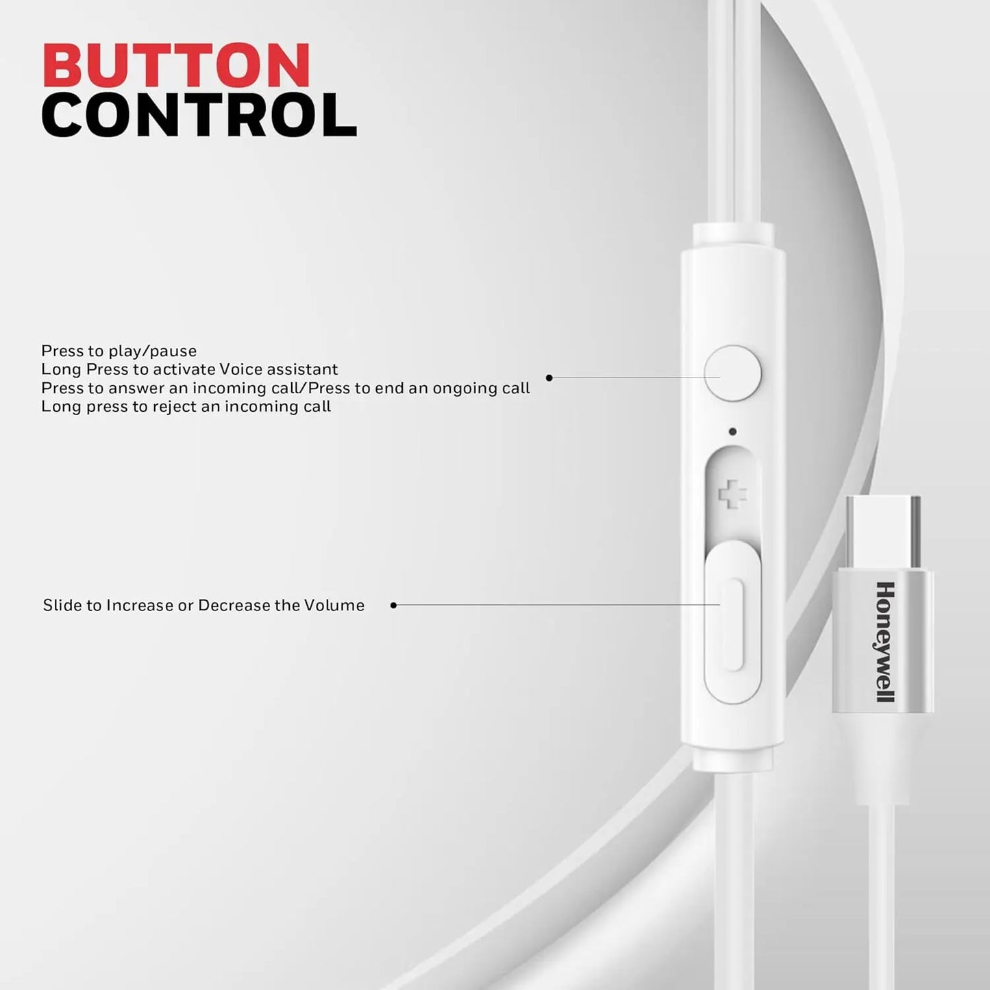 Honeywell Suono P60 Wired Earphones with Built in Mic, 10mm*2 Drivers, Passive Noise Cancellation, Deep Bass & Clear Sound, Ultra HD Mic Quality, Type C Compatible, Voice Assistant Enabled, 1.2 Mtr