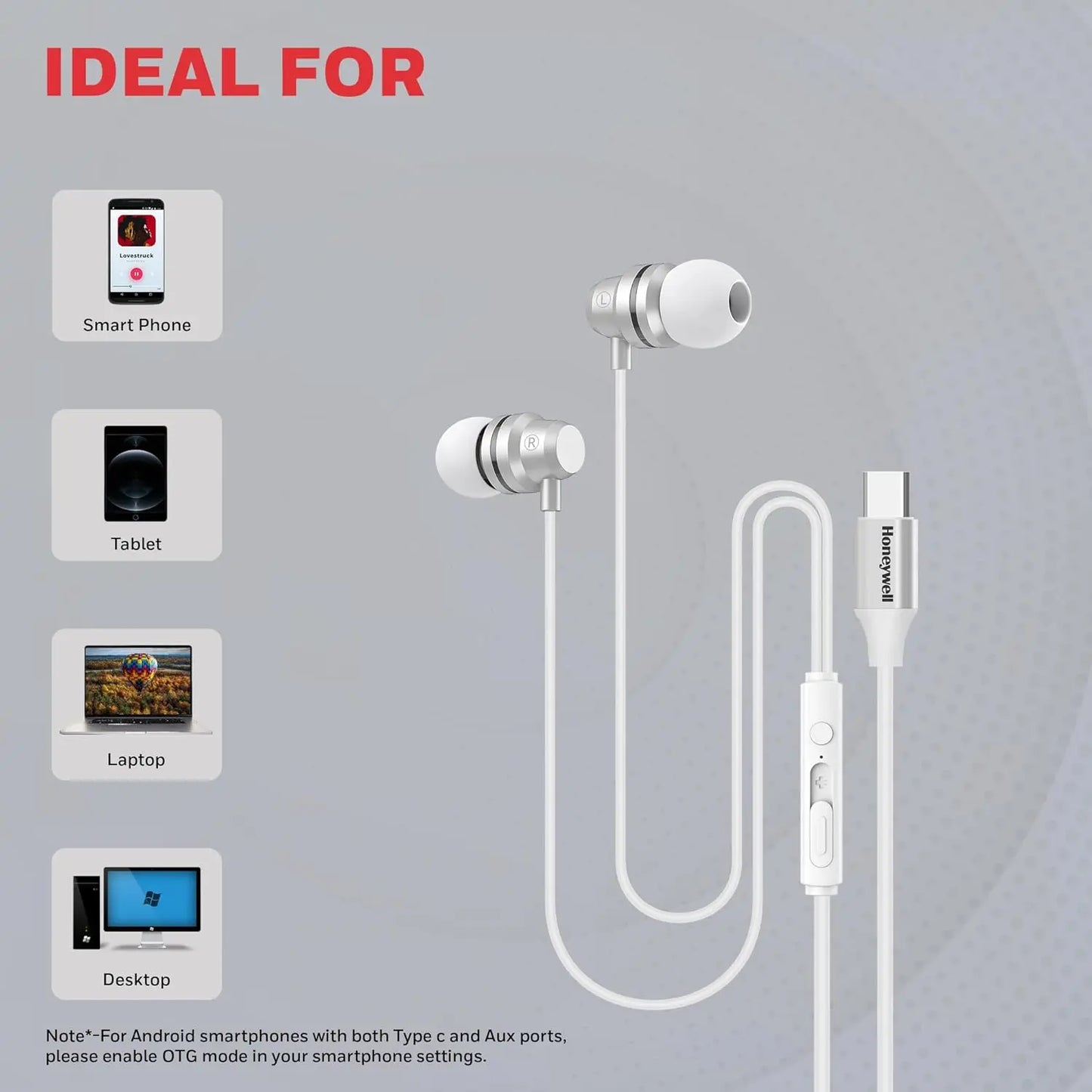Honeywell Suono P60 Wired Earphones with Built in Mic, 10mm*2 Drivers, Passive Noise Cancellation, Deep Bass & Clear Sound, Ultra HD Mic Quality, Type C Compatible, Voice Assistant Enabled, 1.2 Mtr