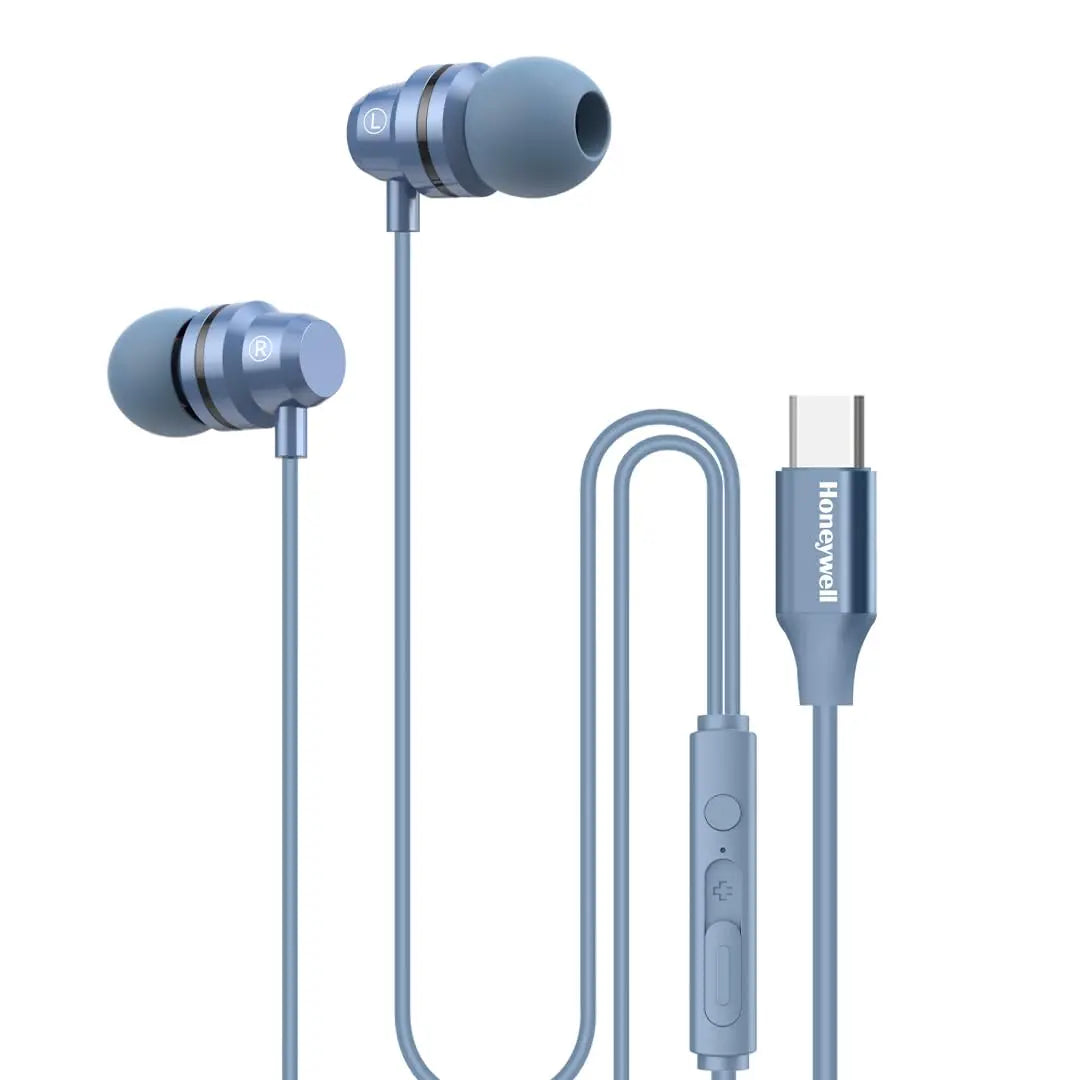 Honeywell Suono P60 Wired Earphones with Built in Mic, 10mm*2 Drivers, Passive Noise Cancellation, Deep Bass & Clear Sound, Ultra HD Mic Quality, Type C Compatible, Voice Assistant Enabled, 1.2 Mtr Blue