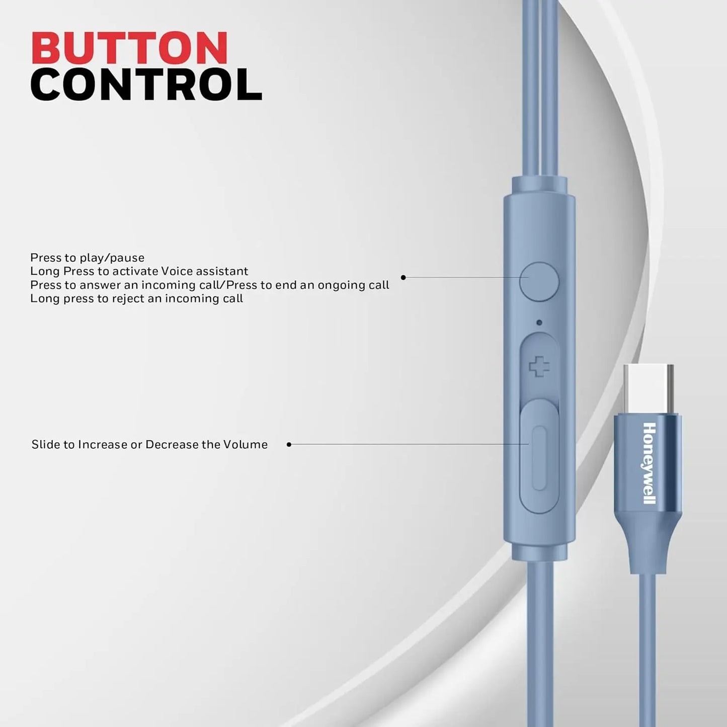 Honeywell Suono P60 Wired Earphones with Built in Mic, 10mm*2 Drivers, Passive Noise Cancellation, Deep Bass & Clear Sound, Ultra HD Mic Quality, Type C Compatible, Voice Assistant Enabled, 1.2 Mtr Blue