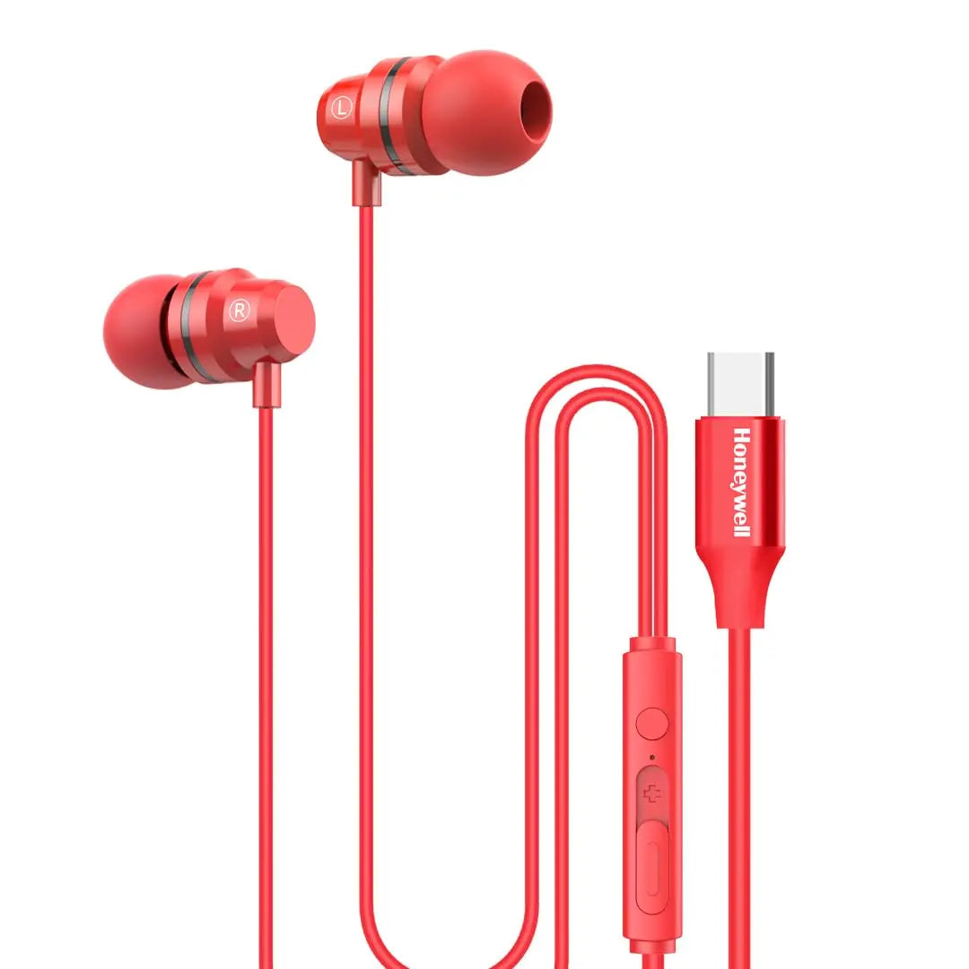 Honeywell Suono P60 Wired Earphones with Built in Mic, 10mm*2 Drivers, Passive Noise Cancellation, Deep Bass & Clear Sound, Ultra HD Mic Quality, Type C Compatible, Voice Assistant Enabled, 1.2 Mtr Red