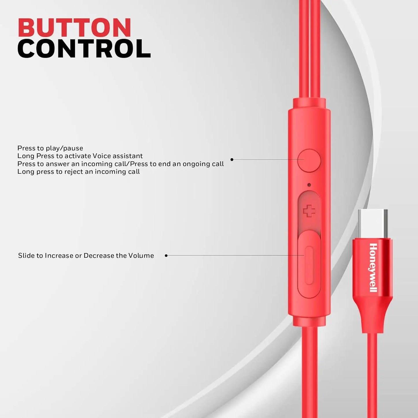 Honeywell Suono P60 Wired Earphones with Built in Mic, 10mm*2 Drivers, Passive Noise Cancellation, Deep Bass & Clear Sound, Ultra HD Mic Quality, Type C Compatible, Voice Assistant Enabled, 1.2 Mtr Red
