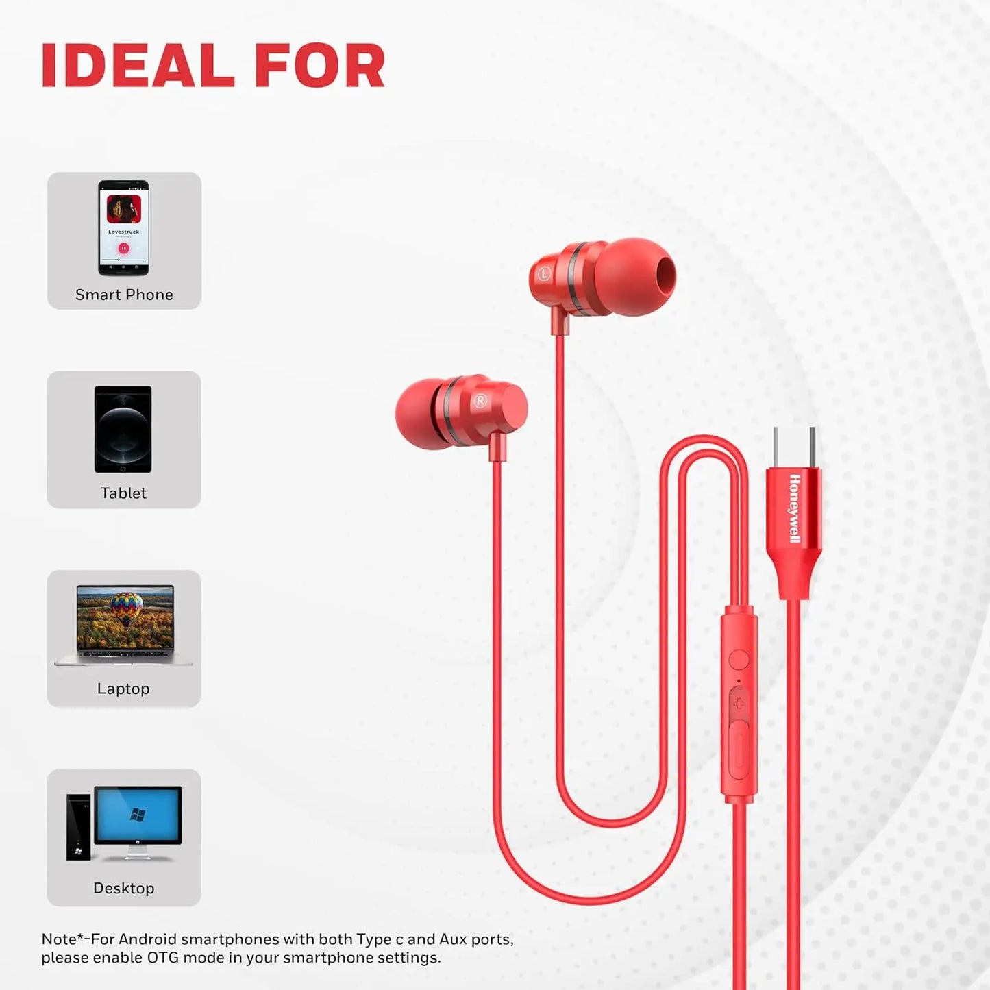 Honeywell Suono P60 Wired Earphones with Built in Mic, 10mm*2 Drivers, Passive Noise Cancellation, Deep Bass & Clear Sound, Ultra HD Mic Quality, Type C Compatible, Voice Assistant Enabled, 1.2 Mtr Red