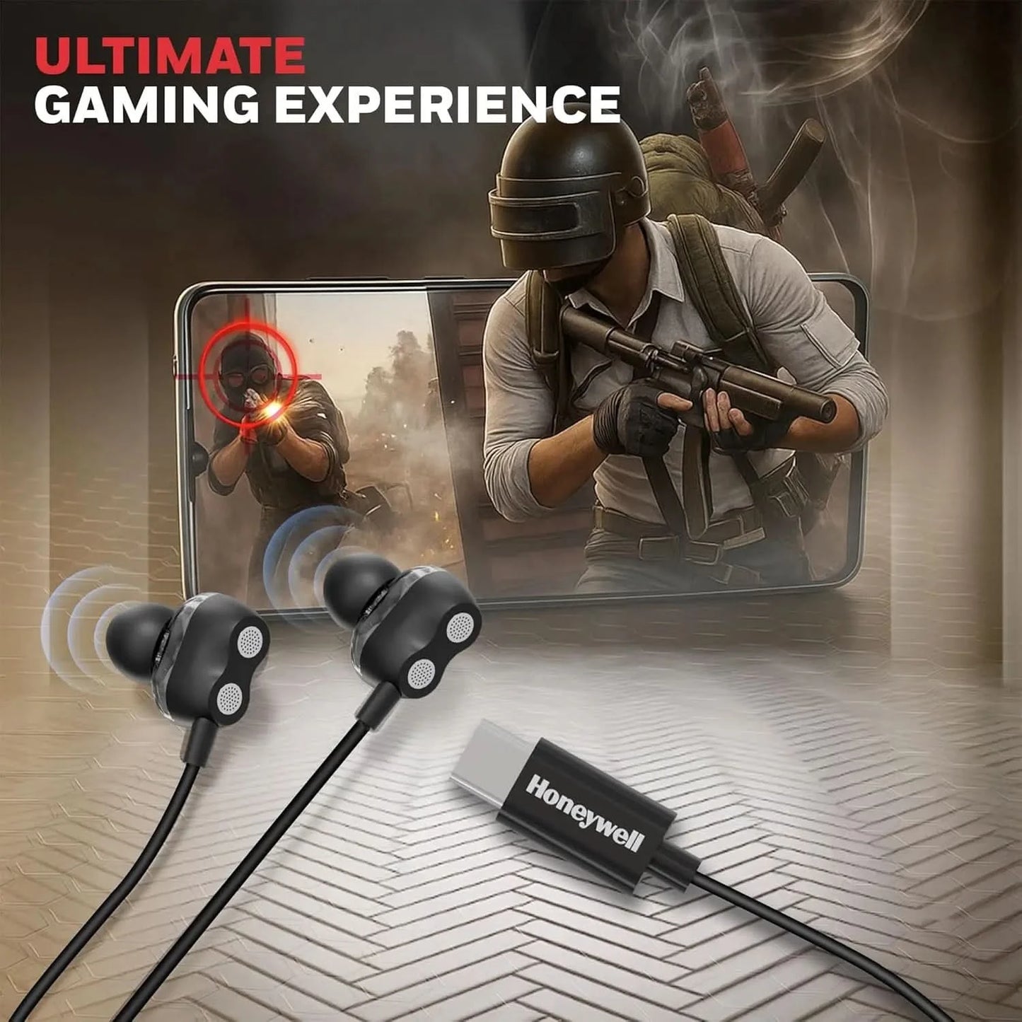 Honeywell Suono P80 Wired Gaming In Ear Earphones with Built-in Mic, 8mm*4 Drivers, IPX4, Noise Cancelling and ultra HD Mic, HD Sound & Clear Audio, Type C Compatible, Voice Assistant Enabled, 1.3 Mtr
