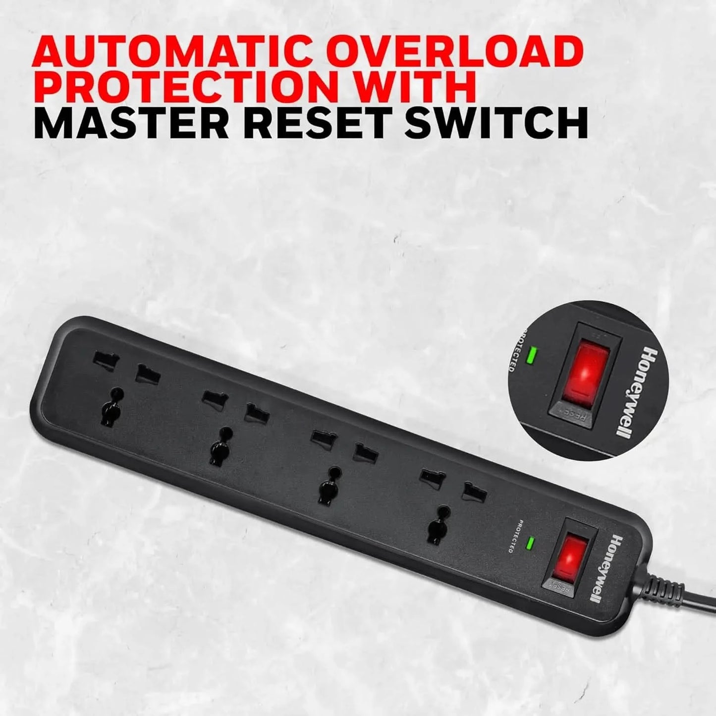 Honeywell Surge Protector, 4 Universal Sockets,15000Amp, 2 Meter Cord, Device Secure Warranty, Automatic Overload Protection, Spike Guard/Extension Board, Master Switch, 3Years Manufacturer Warranty