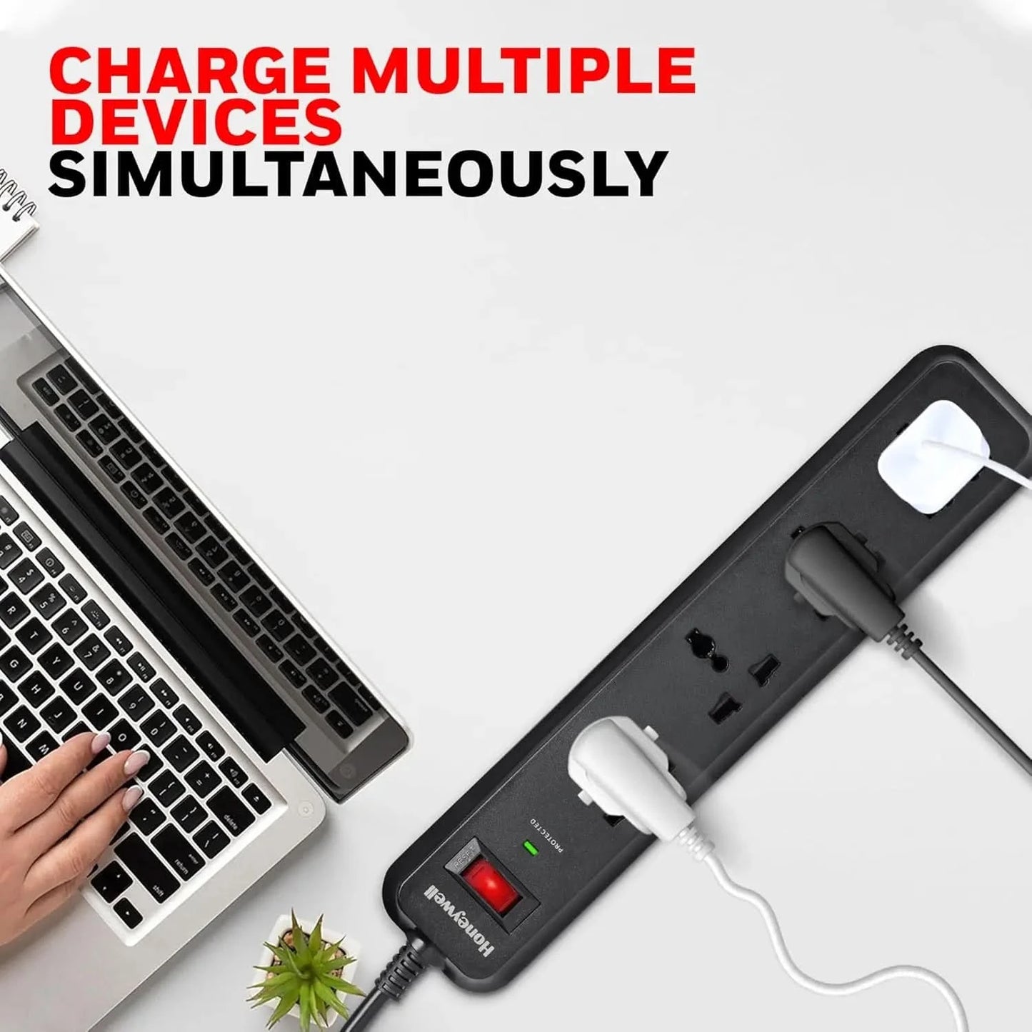 Honeywell Surge Protector, 4 Universal Sockets,15000Amp, 2 Meter Cord, Device Secure Warranty, Automatic Overload Protection, Spike Guard/Extension Board, Master Switch, 3Years Manufacturer Warranty