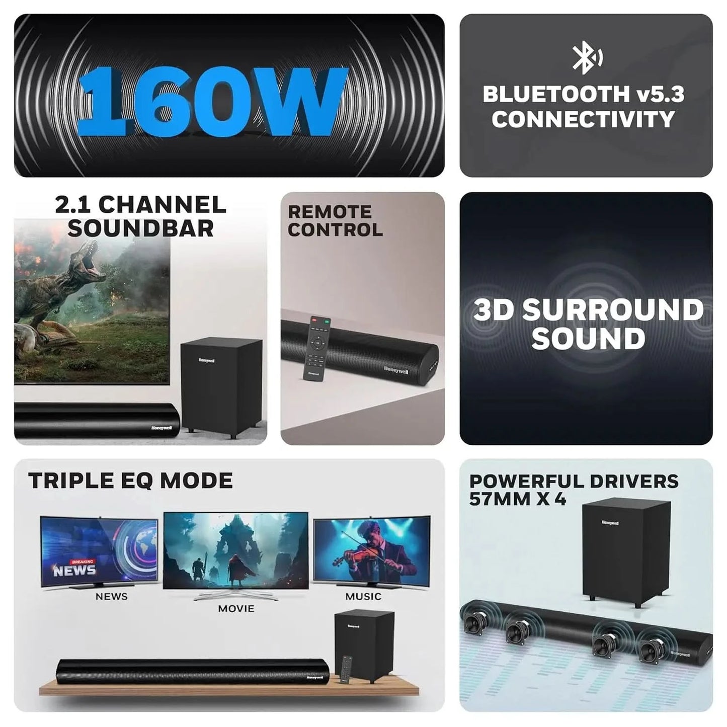 Honeywell Trueno U2000 160W Soundbar with Subwoofer, 2.1 Channel Home Theatre, 57mm*4 Drivers, Bluetooth V5.3, with Remote, 3 EQ Mode, BT, AUX, USB, Optical & HDMI-2 Years Warranty