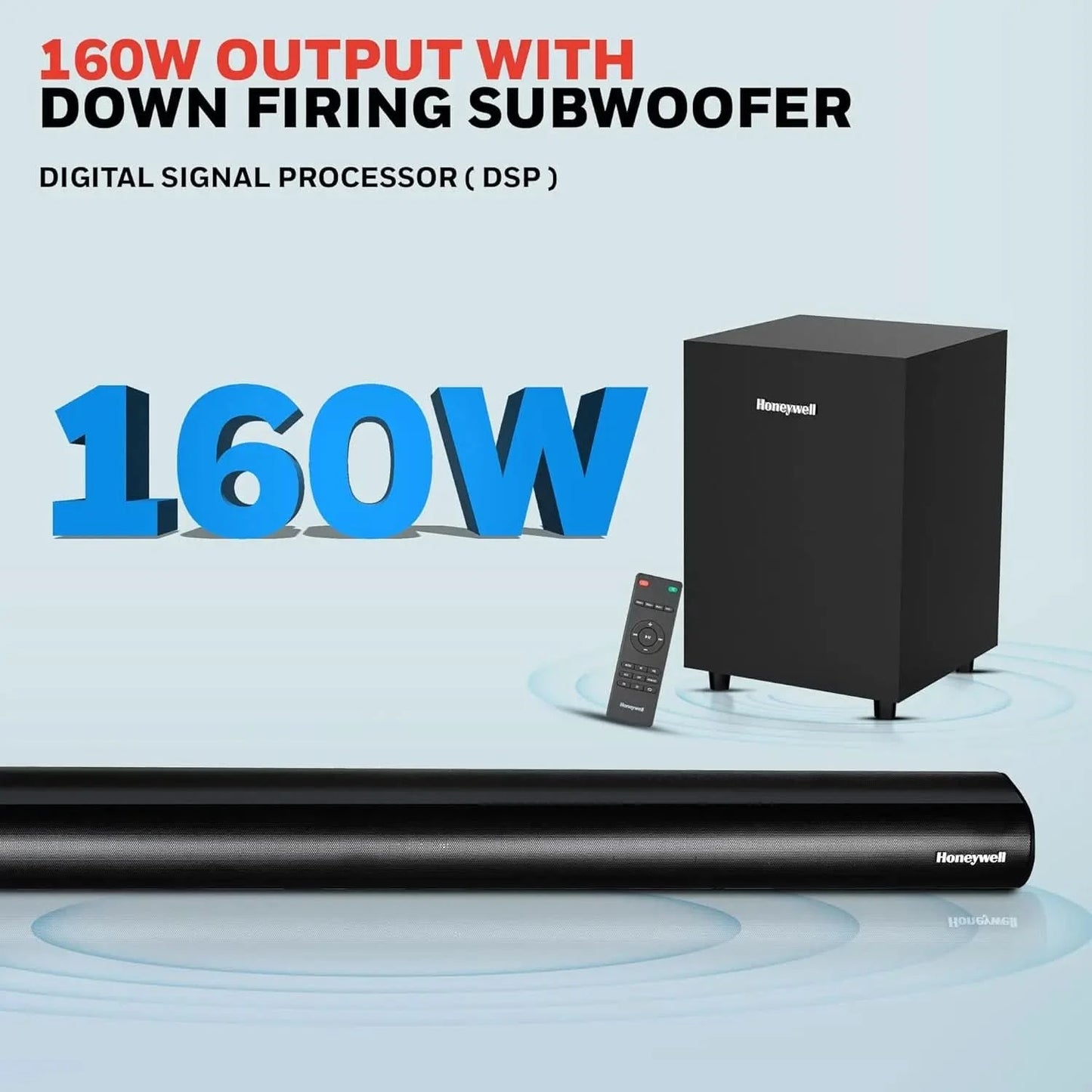 Honeywell Trueno U2000 160W Soundbar with Subwoofer, 2.1 Channel Home Theatre, 57mm*4 Drivers, Bluetooth V5.3, with Remote, 3 EQ Mode, BT, AUX, USB, Optical & HDMI-2 Years Warranty