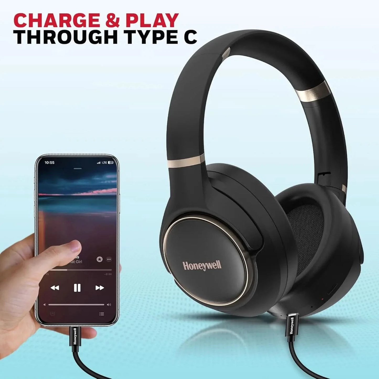Honeywell Trueno U20 Bluetooth v5.4 Over-Ear Headphones with Mic, Hybrid ANC (Upto 30db), Spatial Audio &Head Tracking, 70H Playback, High-Res Sound, Dual Pairing, 40ms Low Latency, Quad Cable-Black