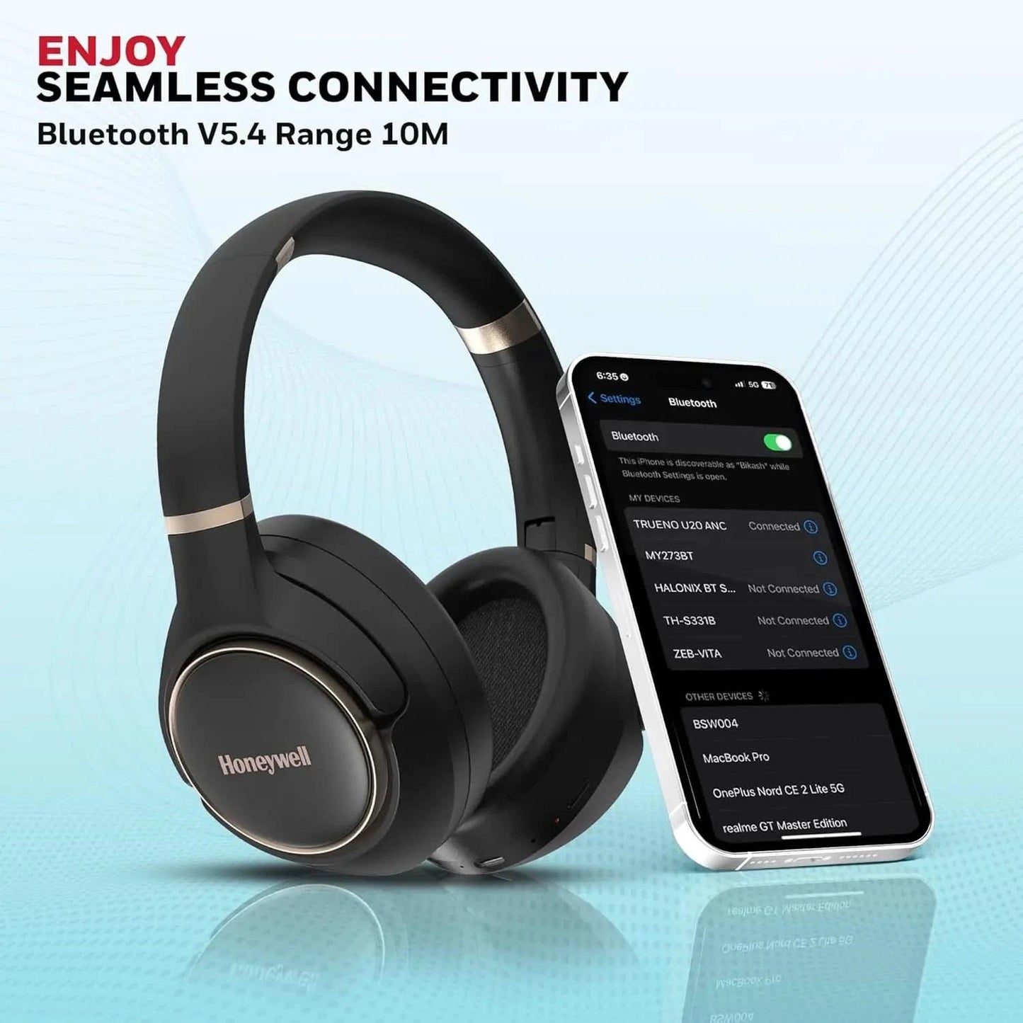 Honeywell Trueno U20 Bluetooth v5.4 Over-Ear Headphones with Mic, Hybrid ANC (Upto 30db), Spatial Audio &Head Tracking, 70H Playback, High-Res Sound, Dual Pairing, 40ms Low Latency, Quad Cable-Black